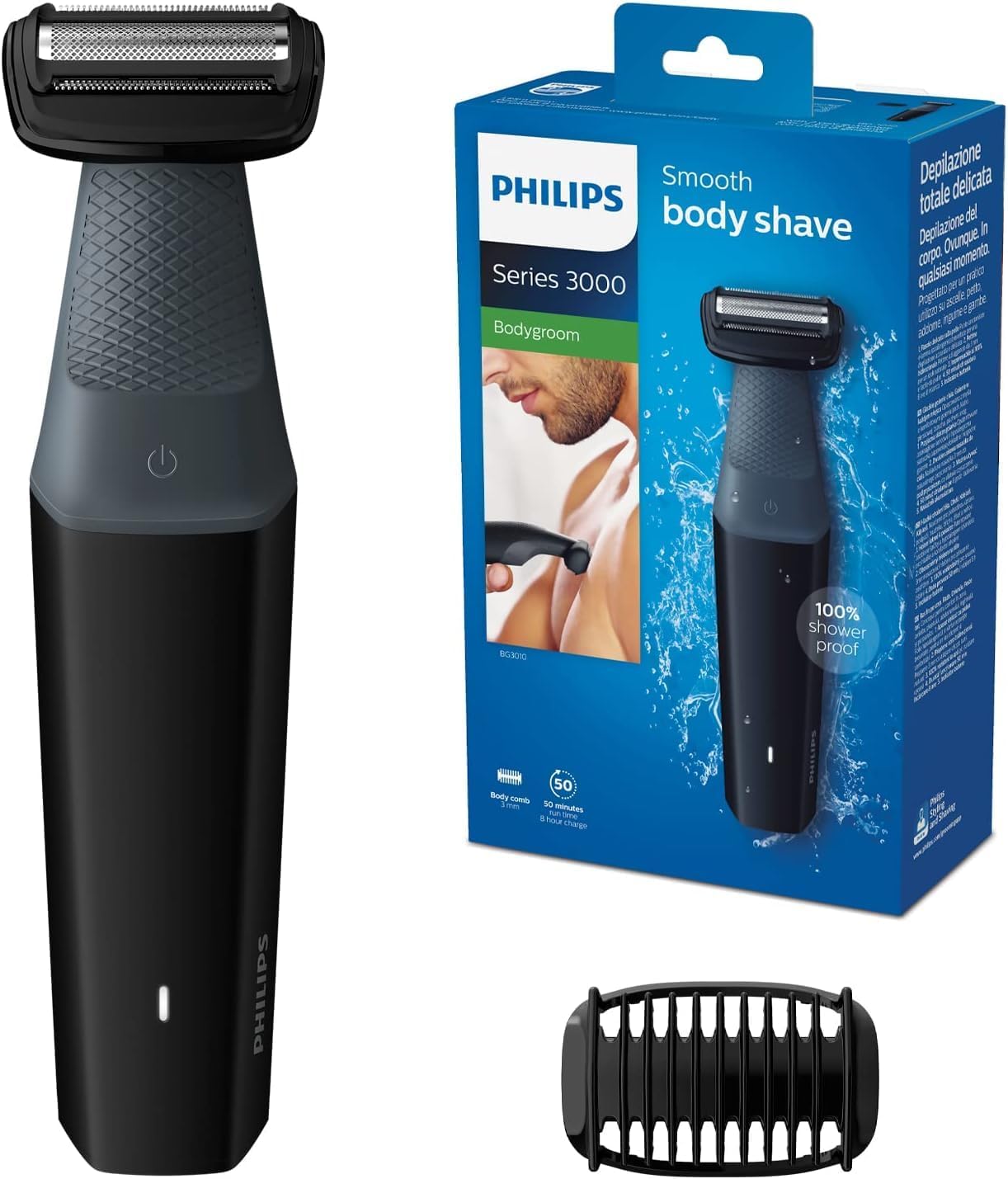 Philips 3000 Series Waterproof Body Clipper with 1 Clipper Clip, 3 mm, 50 min Battery Life for 8 Hours of Charging