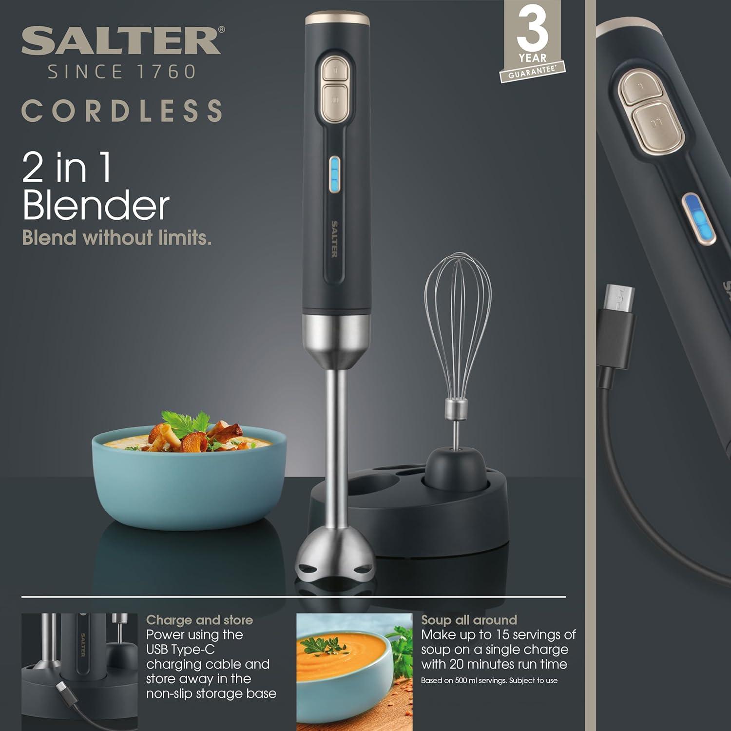 Salter 2-in-1 Cordless Blender - Includes Stainless Steel Balloon Whisk & Blending Rod Attachments, Rechargeable 10.8V Battery, Non-Slip Base, LED Light Indicator, Type C Charging Cable