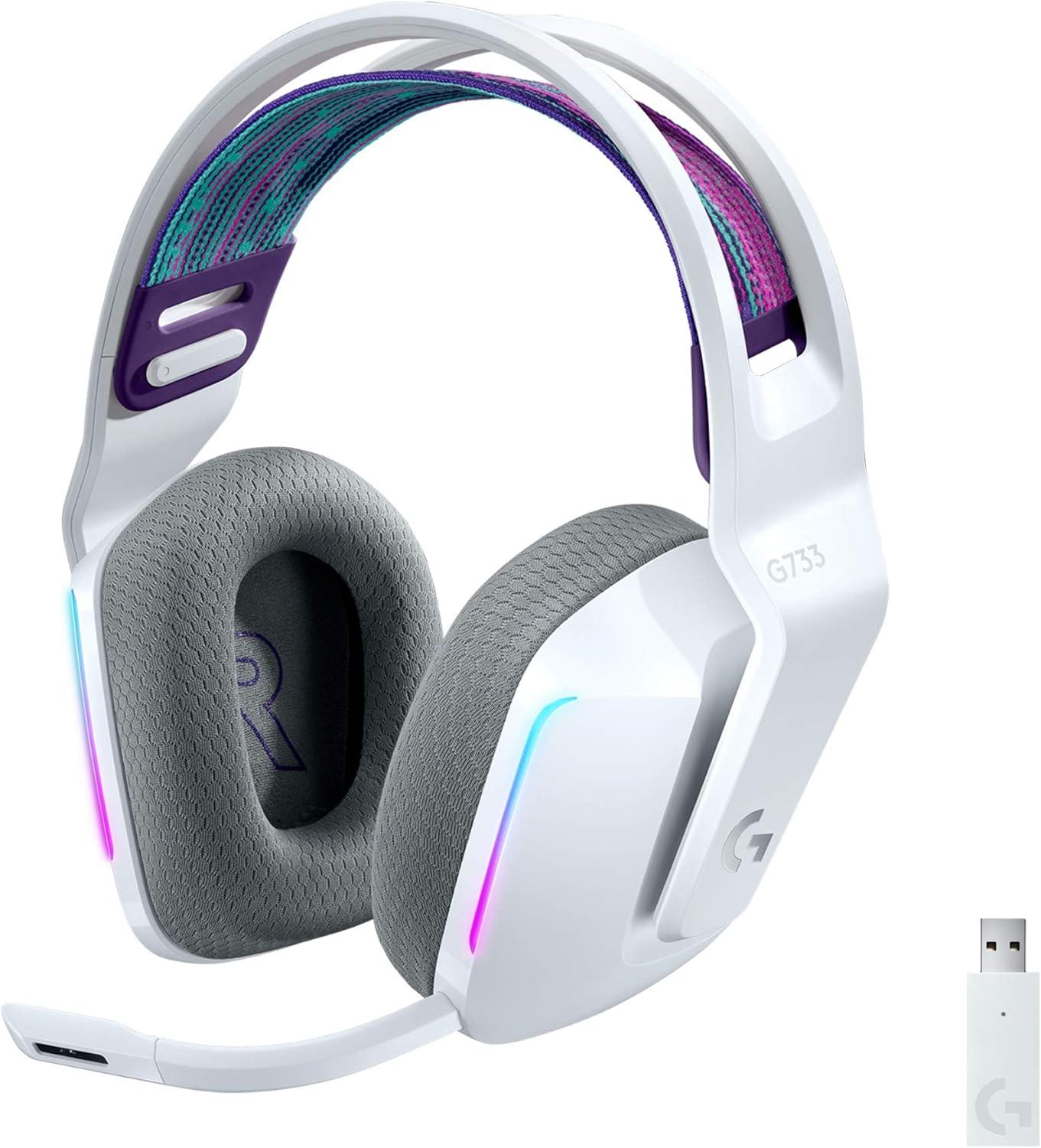 Logitech G733 LIGHTSPEED Wireless Gaming Headset with suspension headband, LIGHTSYNC RGB, Blue VO!CE mic technology and PRO-G audio drivers, Lightweight, 29 Hour battery life, 20m range - White