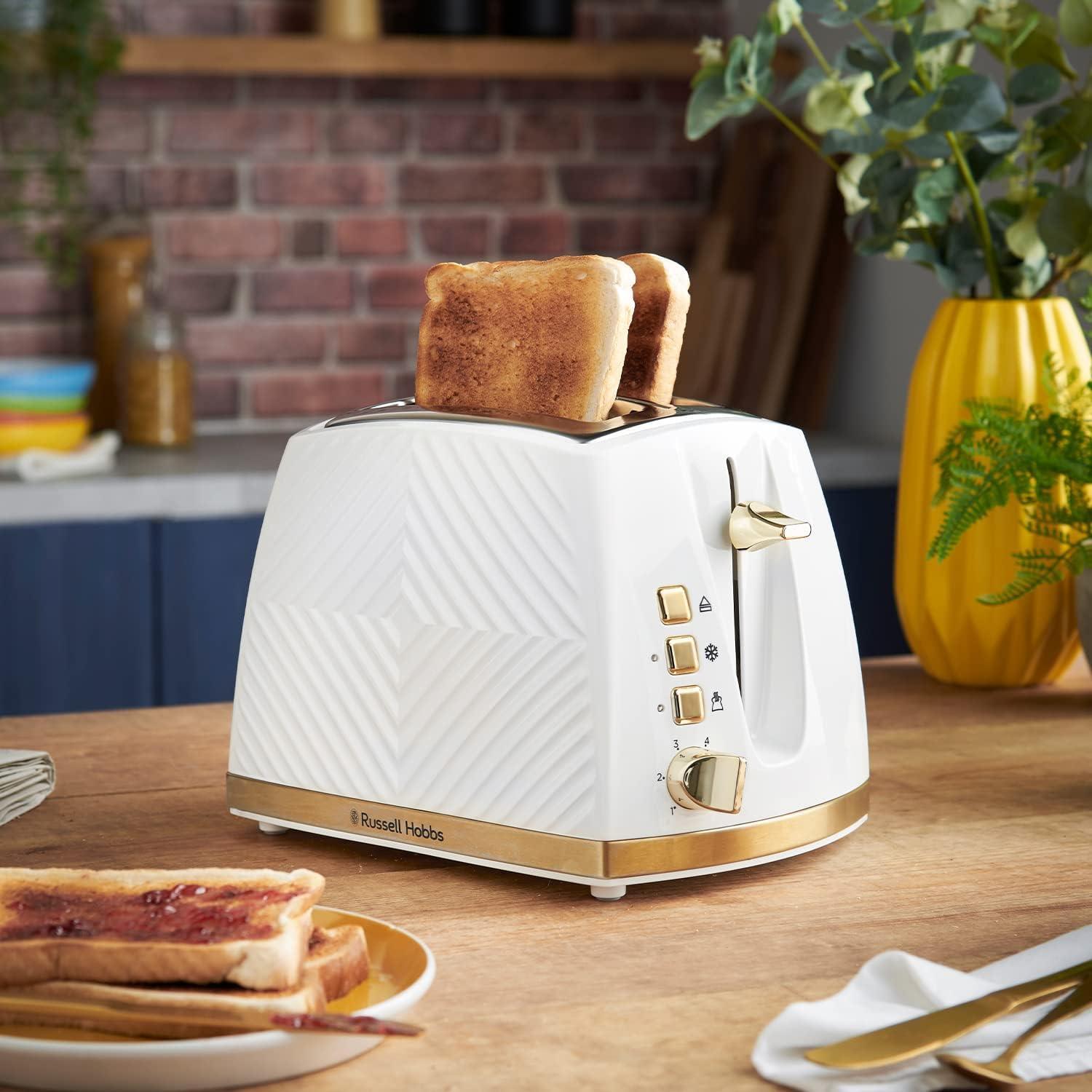 Russell Hobbs Groove 2 Slice Toaster (High Lift, Extra Wide Slots, 6 Browning levels, Frozen/Cancel/Reheat function - Illuminated buttons, Removable crumb tray, 850W, White, Brushed gold accents)