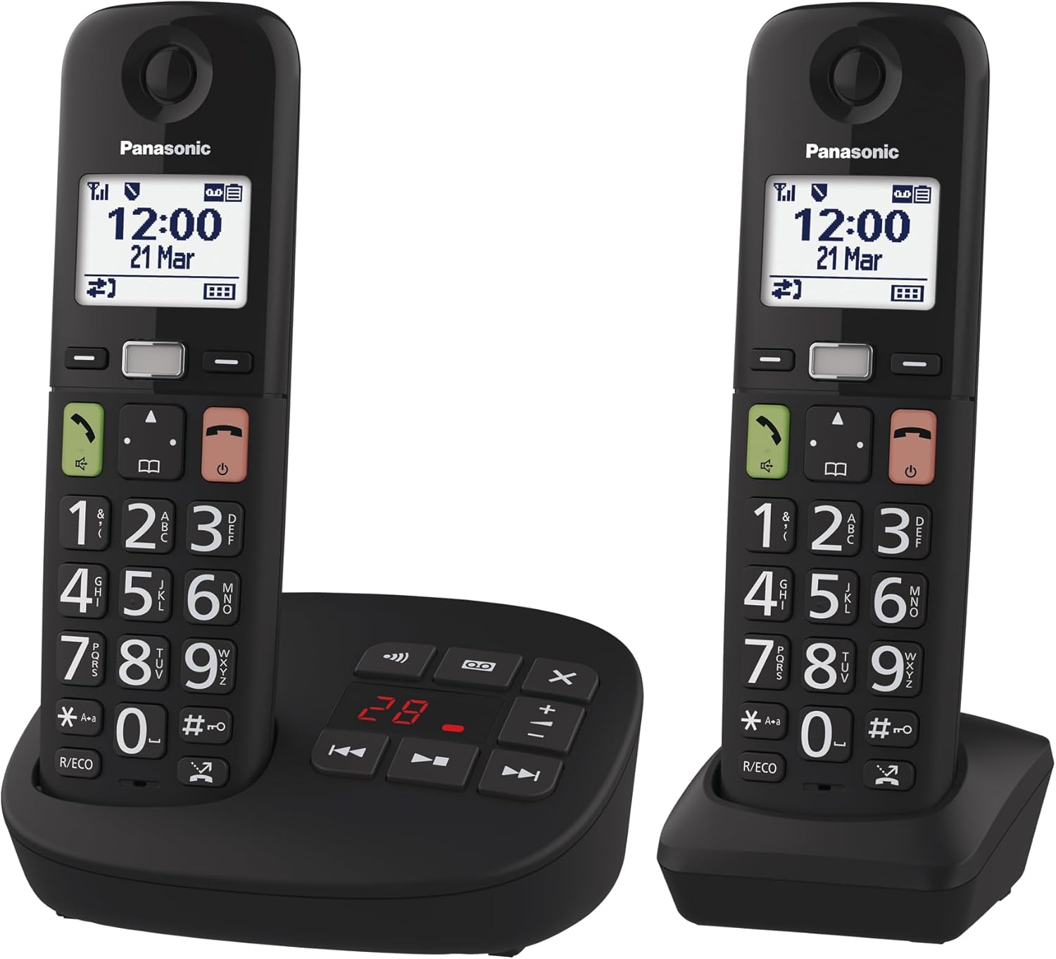 Panasonic Digital Cordless Phone with Answering Machine, Base Unit & 2 Handsets, LCD Display, Big Buttons, Fav Call, Hearing Aid Compatible, Black