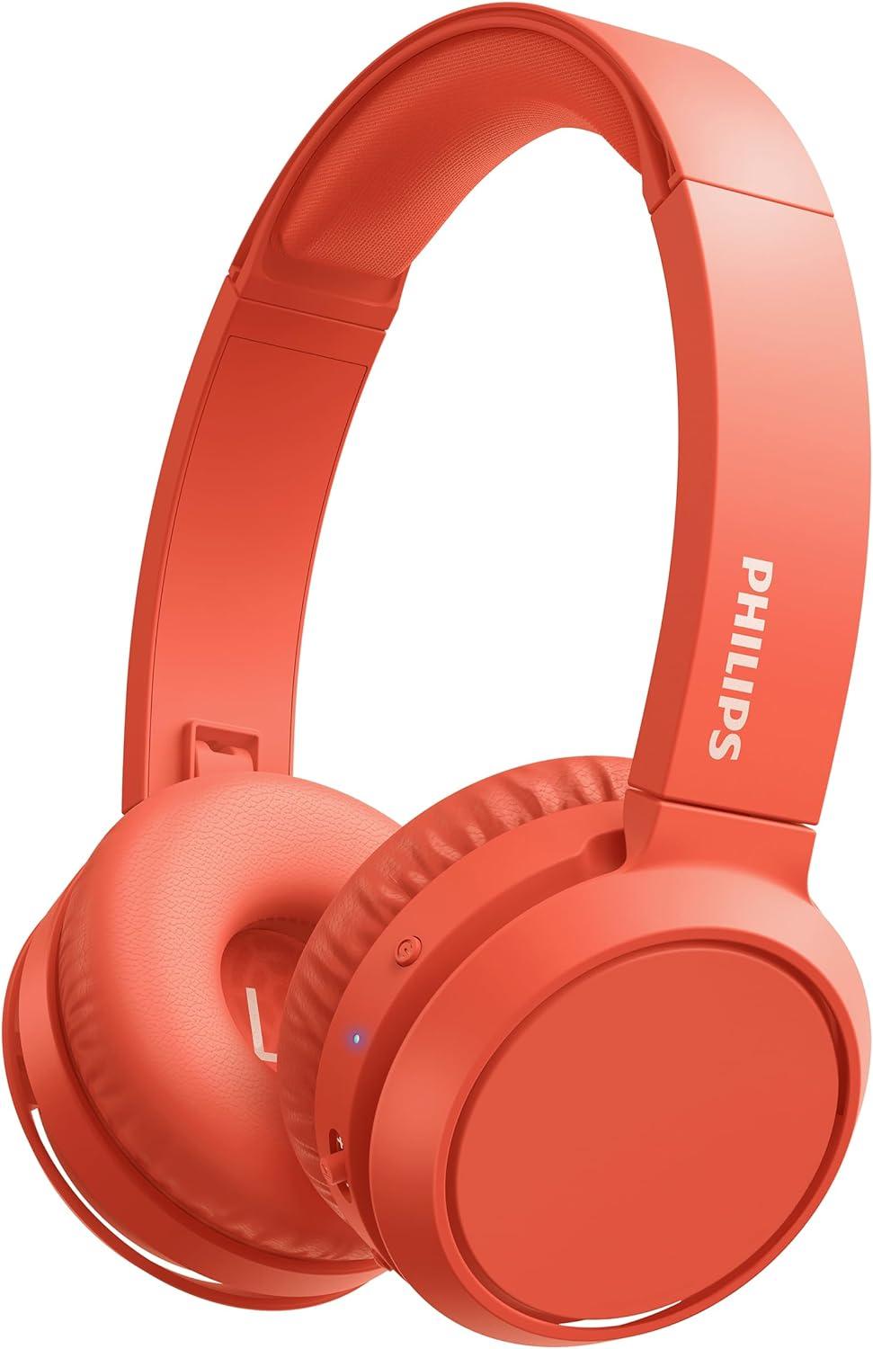 PHILIPS On-Ear Headphones with Bass Boost Button (Bluetooth, 29 Hours Playback Time, Quick Charging Feature, Noise Isolating, Flat Folding), Matte Red - Model, On-Ear