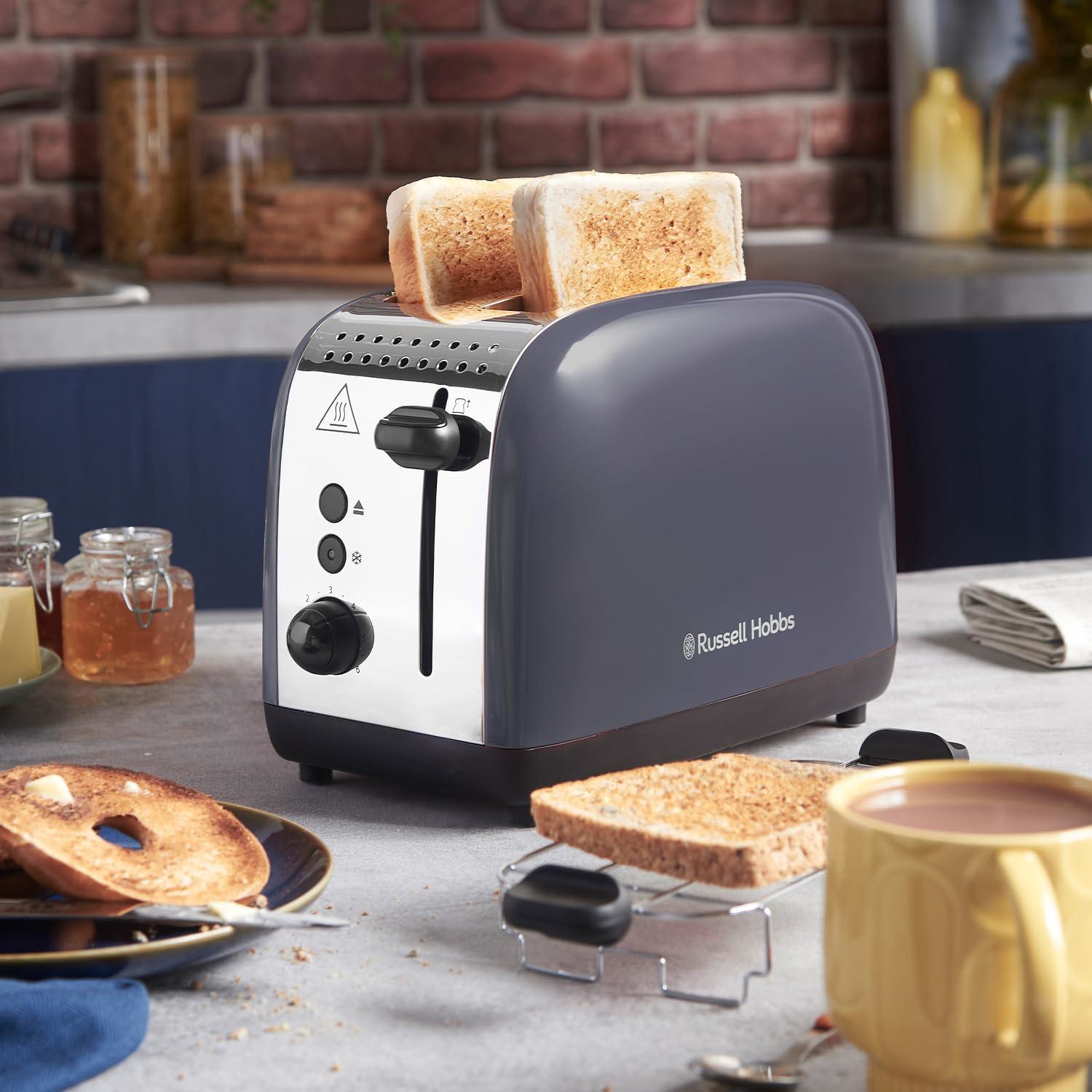 Russell Hobbs 2 Slice Lift & Look Toaster (Longer slots, 6 Browning levels, Defrost/Reheat/Cancel function, Removable Crumb Tray, 1670W, Grey & Stainless Steel Gloss finish)