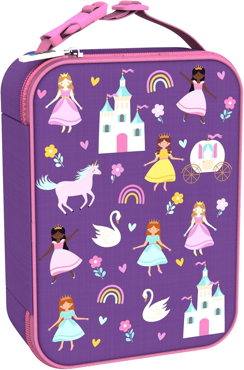 Ion8 Lunch Bag, Insulated, Princess, Medium, Easy Access 3-Sided Zip, Write-On Name Patch, Freshness & Insulation for 6 Hours, Elasticated Mesh Pocket for Bottles, Machine Washable, Polyester Material
