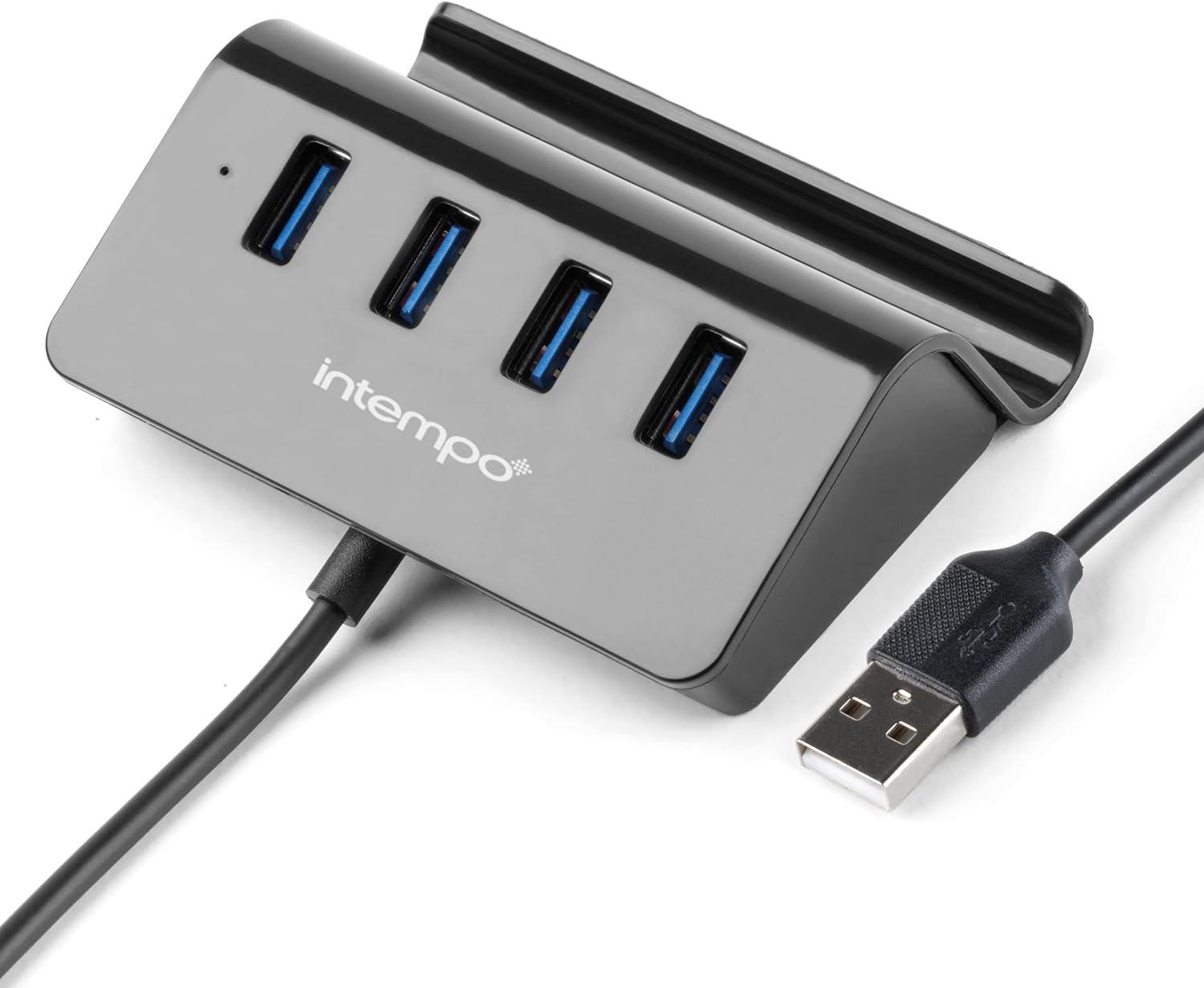 Intempo 4 Port USB Data Hub and Phone Holder, Connect Multiple Devices at Once, Portable USB Adapter Compatible With Most Laptops & Computers, Type-C Connector