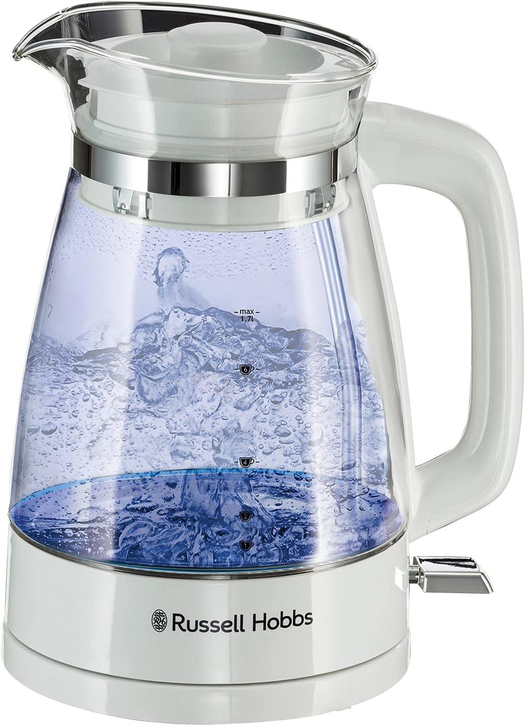 Russell Hobbs Carafe Style 1.7L Cordless Electric Glass Kettle with white handle, lid & base and blue internal illumination (Fast boil, 3KW, Anti-scale filter, Pull off lid, unique glass spout)