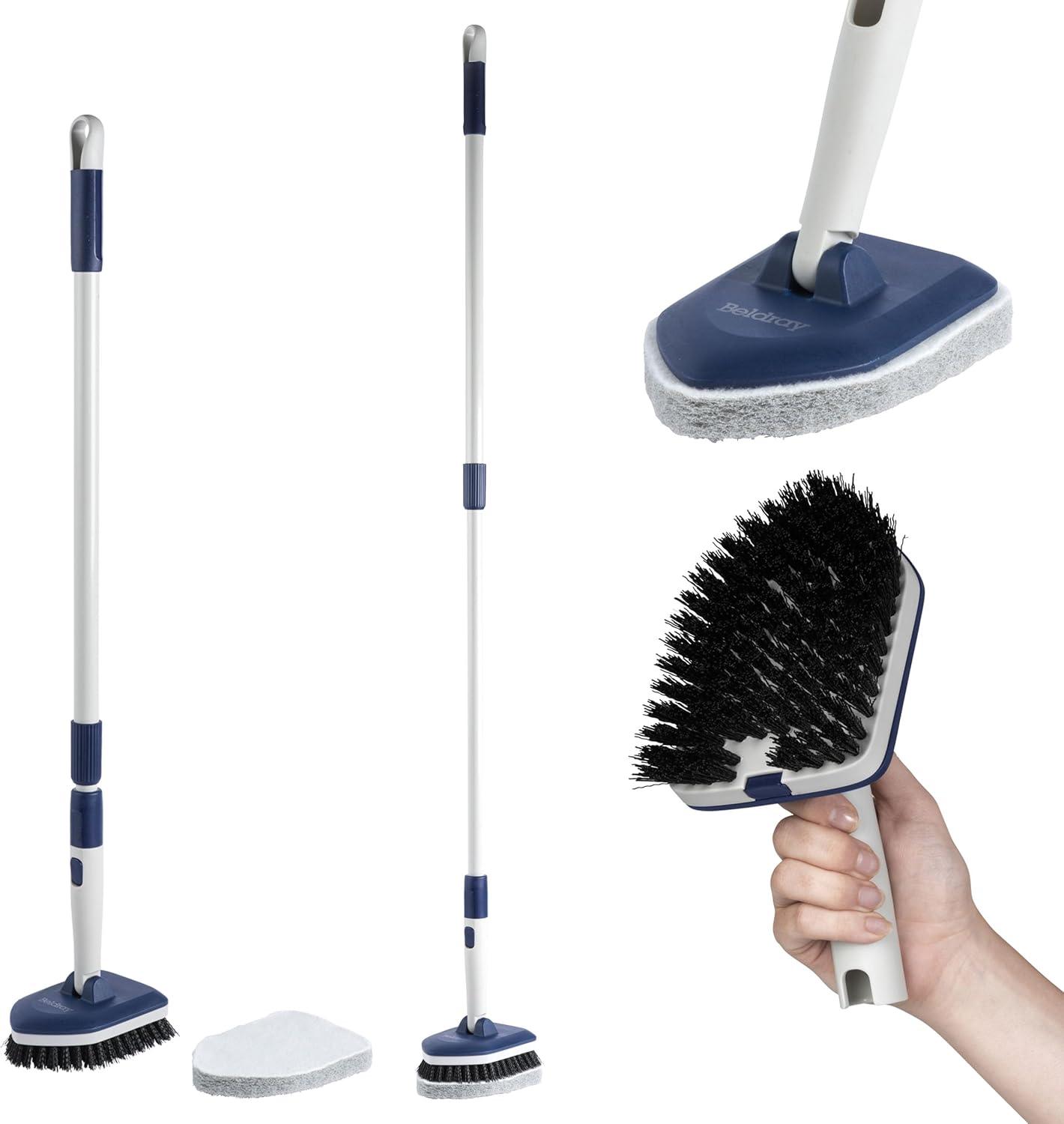 Beldray Deep Clean 2 in 1 Tub and Scrub – Cleaning Brush with Extendable Handle, Bathroom Cleaner with 180° Swivel Head, Pointed Edge for Corners, Scrubbing Pad for Deeper Cleaning