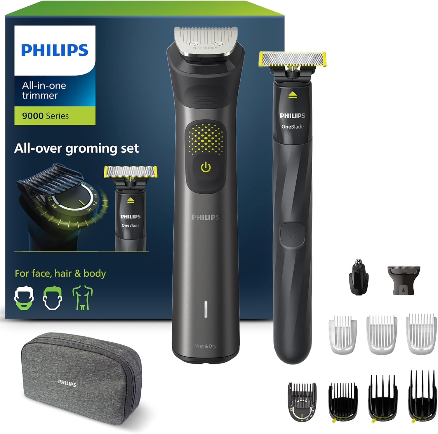 Philips Series 9000 13-in-one Trimmer + OneBlade, All-Over Grooming Set, Precise Trim, Sharp Edges, Convenient Shave, 27 Length Settings (0.2-20 mm)