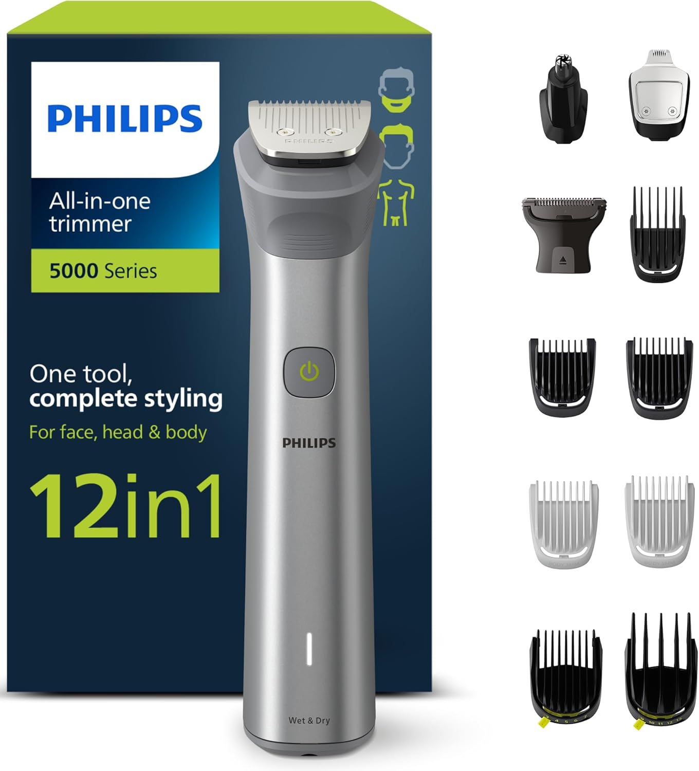Philips Series 5000 All-in-one Trimmer, 12-in-1 Multigroom for face, head and body, One tool, complete styling, 14 length settings (0.5-16 mm)
