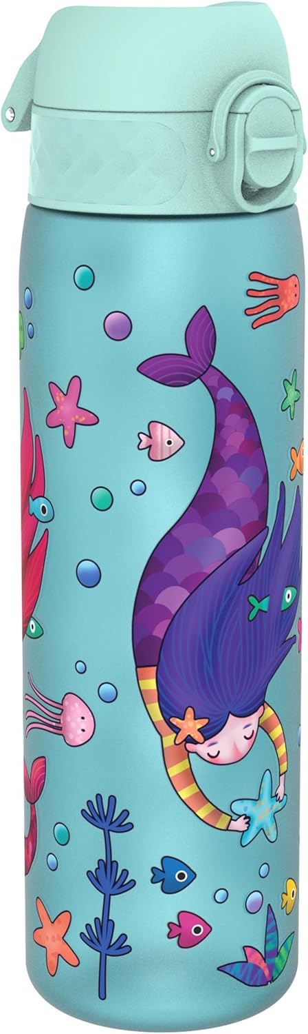 Ion8 Leak Proof Slim Water Bottle, Mermaids, 500ml (18oz), Easy to Open, Secure Lock, Dishwasher Safe, BPA Free, Hygienic Flip Cover, Carry Handle, Fits Cup Holders, Easy Clean, Carbon Neutral