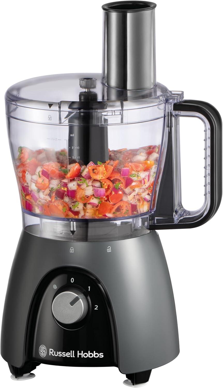 Russell Hobbs Electric Food Processor Desire Matte Charcoal (2.3L bowl & 1.5L jug, 2 speeds & pulse setting, Stainless steel blades, slicing/shredding disk, dough blade & creaming disk, 900W)