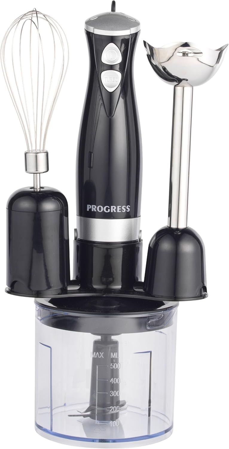 Progress 3 in 1 Electric Blender Set – Immersion Stick Blender with 2 Speed Settings, Mini Food Chopper with 500 ml Chopping Bowl, Stainless Steel Blades, Soup/Smoothie Maker, 350W, Black