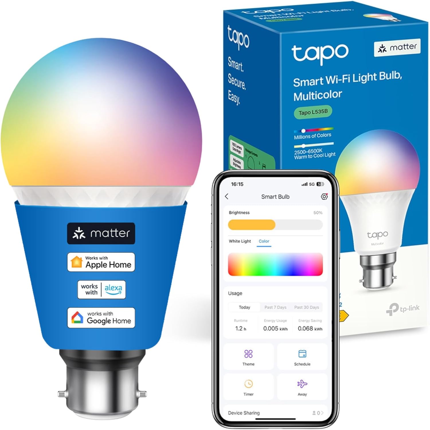 Tapo B22 Smart Bulb, Alexa Light Bulb, Extra Bright Smart Light Bulb, Matter-Certified, Multicolour, Dimmable, 8.6W (75W), Schedule & Timer,Energy Monitoring, Works with Alexa & Google
