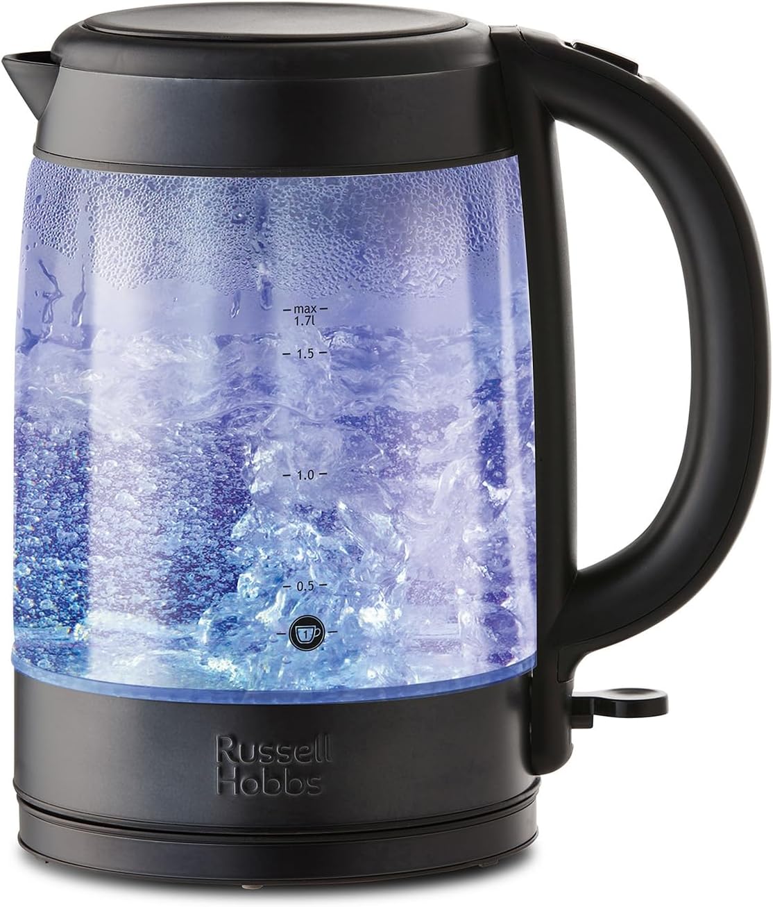 Russell Hobbs Electic Kettle [1.7L] Illuminated Glass Kettle Matte Black (Perfect Pour Spout, Blue Internal Illumination, Removable washable anti-scale filter, 360° Base, 3000W)