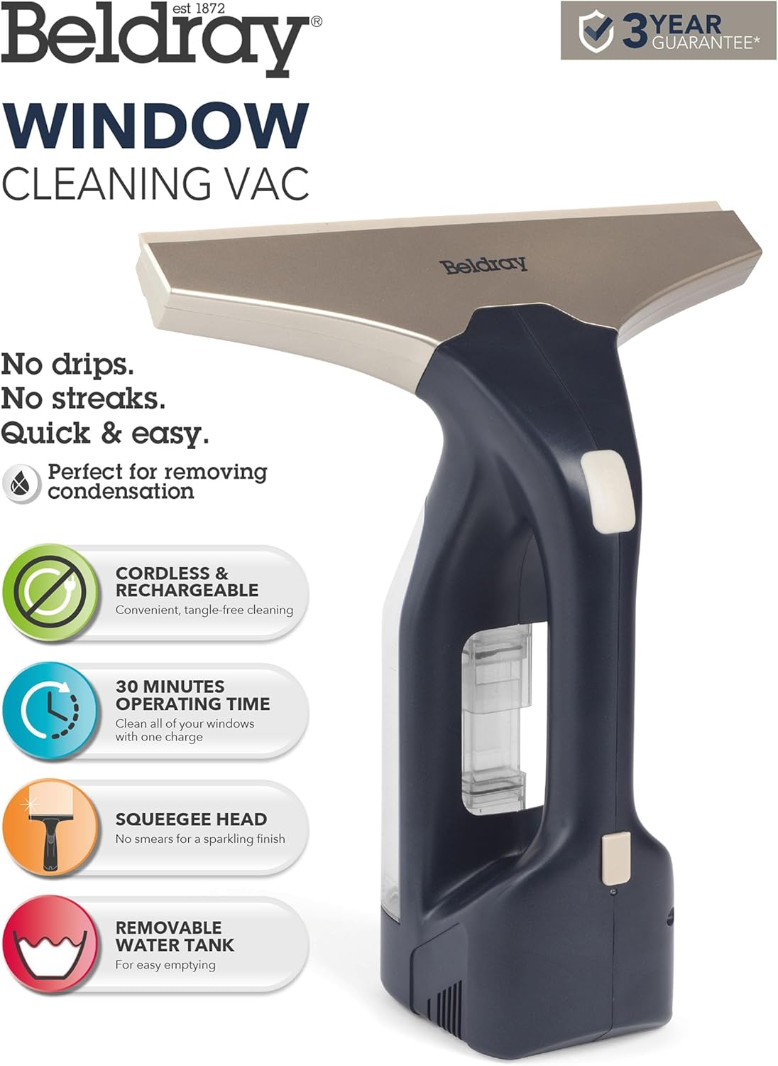 Beldray Cordless Window Cleaning Vacuum – Handheld Window, Mirror & Glass Surface Cleaner With Squeegee Head, Rechargeable, 100 ml Removable Water Tank, Great For Removing Condensation