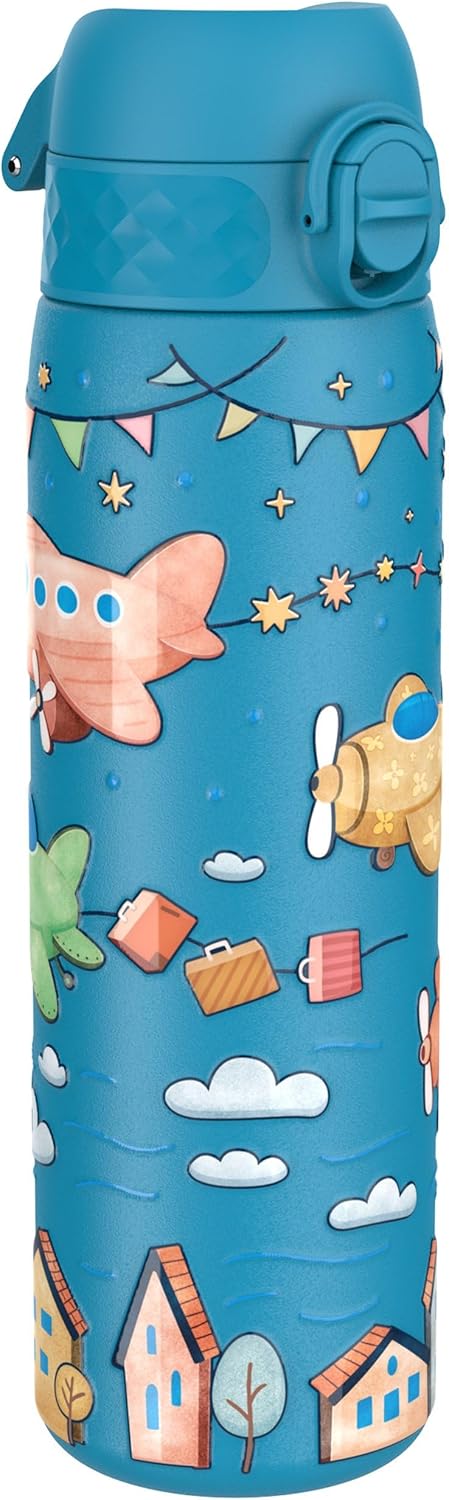 Ion8 Leak Proof Slim Water Bottle, Vacuum Insulated, Airplanes, 500ml (17oz), Leak Proof, Easy to Open, Secure Lock, Dishwasher Safe, Fits Cup Holders, Carry Handle, Scratch Resistant, Metal Water Bottle