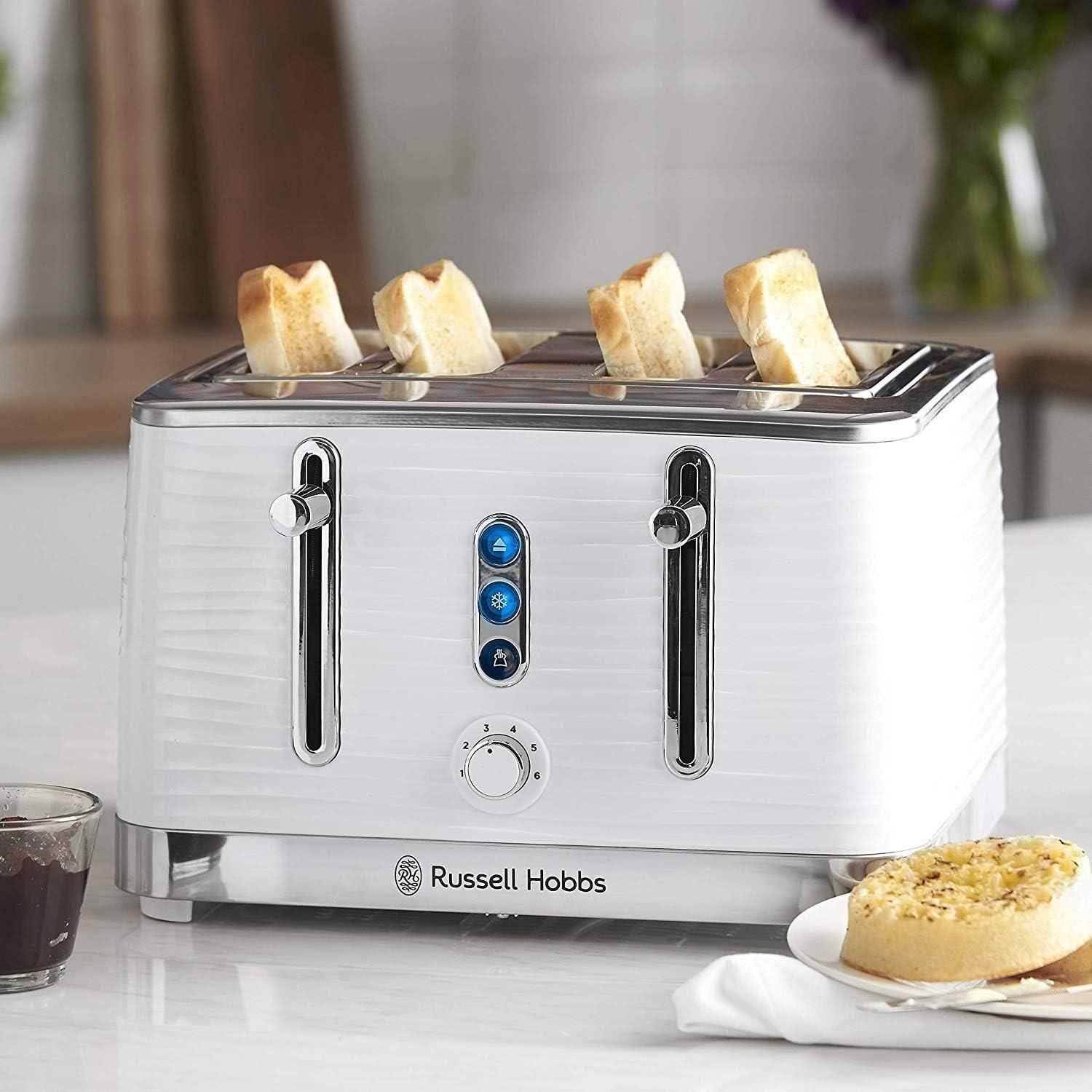 Russell Hobbs Inspire 4 Slice Toaster (Extra wide slots, High lift feature, 6 Browning levels, Frozen/Cancel/Reheat function with Blue LED illumination, 1800W, White textured high gloss)