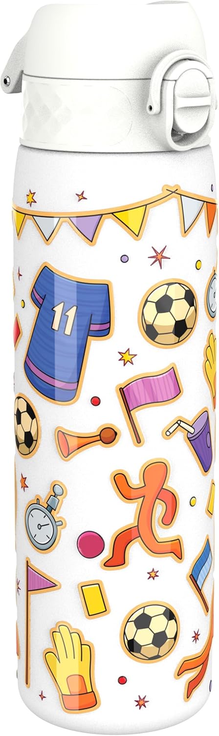 Ion8 Leak Proof Slim Water Bottle, Vacuum Insulated, Football, 500ml (17oz), Leak Proof, Easy to Open, Secure Lock, Dishwasher Safe, Fits Cup Holders, Carry Handle, Scratch Resistant, Metal Water Bottle