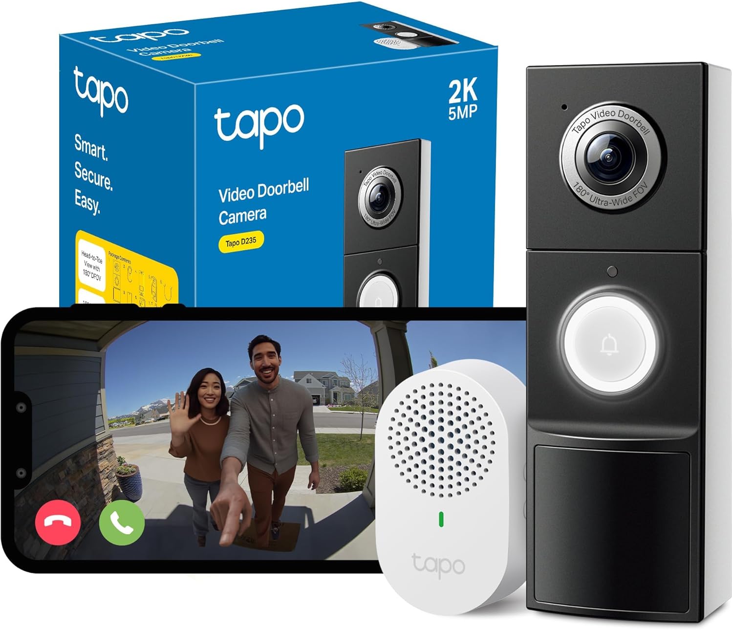 Tapo 2K 5MP Doorbell Camera Wireless 180°DFOV Ultra-Wide Video Doorbell Wireless or Wired,Battery 210 Day,Ring Chime Included,Head-to-Toe View IP66,TP-Link Free AI Detection,Alexa,No Monthly Fee