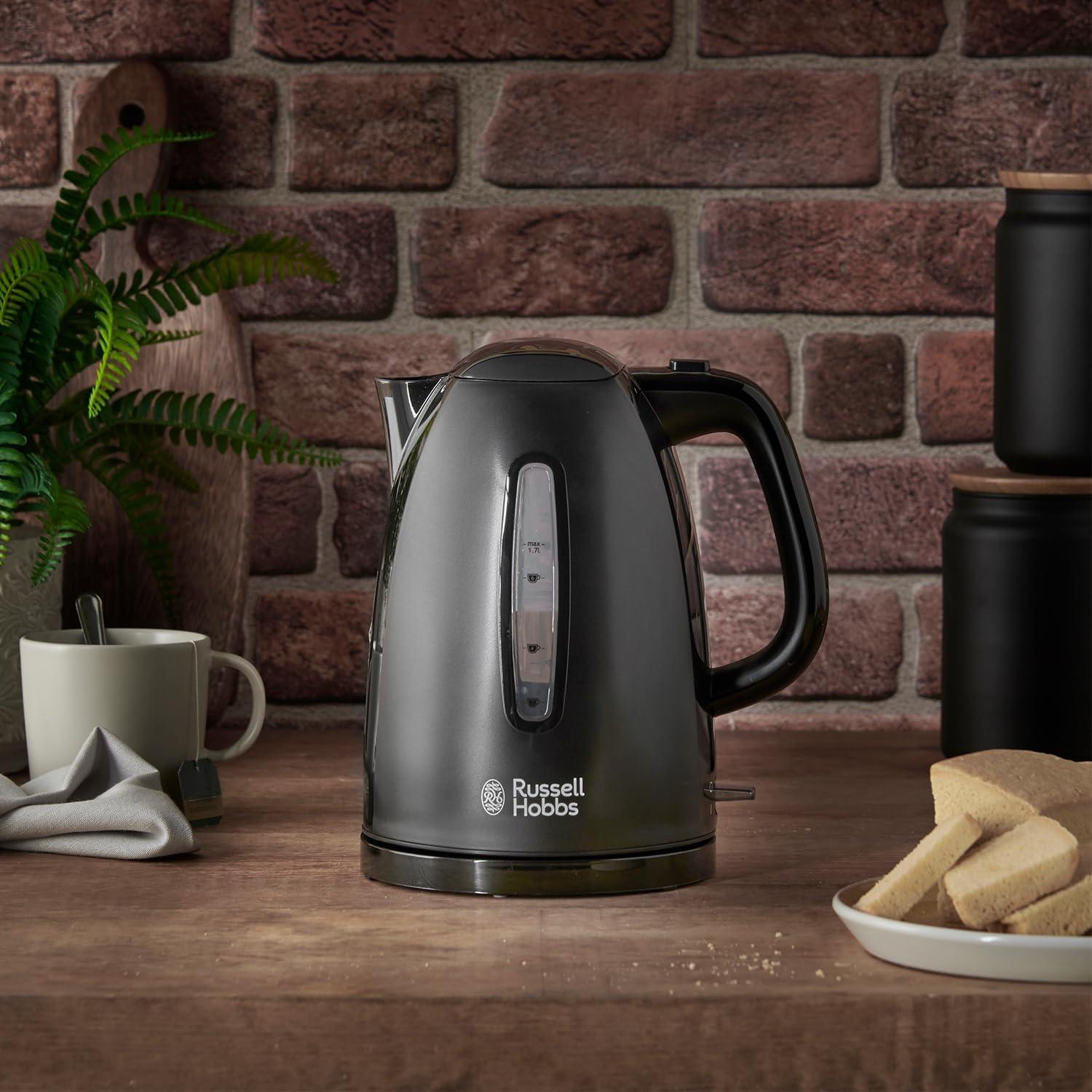 Russell Hobbs Textures Electric 1.7L Cordless Kettle (Fast Boil 3KW, Black premium plastic, matt & high gloss finish, Removable washable anti-scale filter, Push to open lid, Perfect pour spout) [Energy Class A]