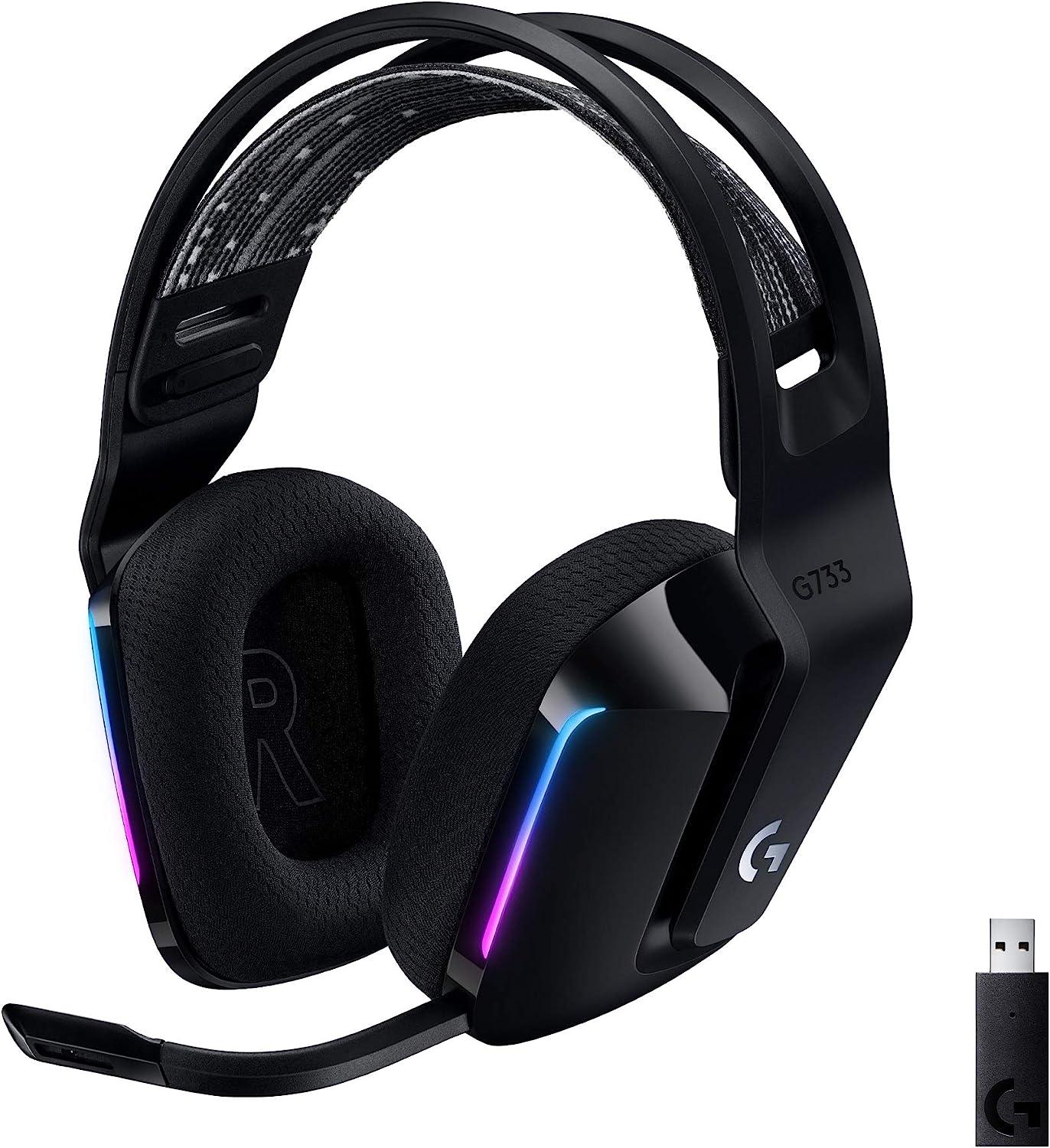 Logitech G733 LIGHTSPEED Wireless Gaming Headset with suspension headband, LIGHTSYNC RGB, Blue VO!CE mic technology and PRO-G audio drivers, Lightweight, 29 Hour battery life, 20m range - Black