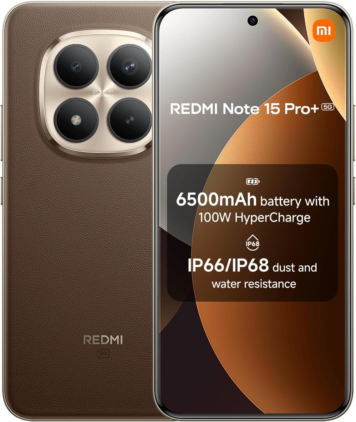 Xiaomi Redmi Note 15 Pro+ 5G, Smartphone 8+256 GB, Massive 6500mAh Battery, IP66/IP68, New 200MP Camera, 6.83" AMOLED Display, Mocha Brown