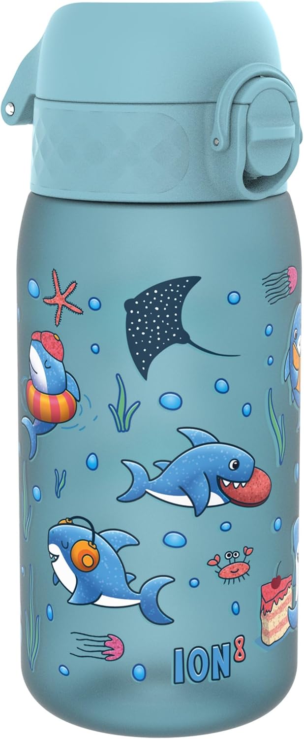 Ion8 Leak Proof Kids Water Bottle, Blue Sharks, 350ml (12oz), Leak Proof, Easy to Open, Secure Lock, Dishwasher Safe, BPA Free, Carry Handle, Hygienic Flip Cover, Easy Clean, Odour Free, Carbon Neutral