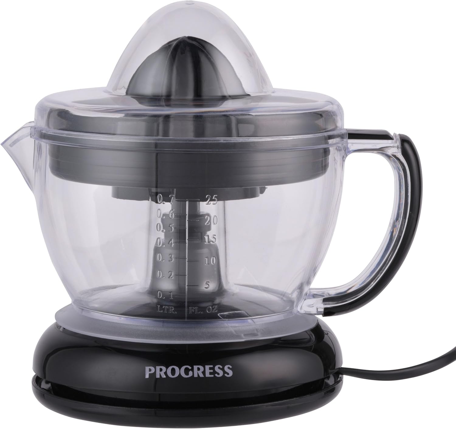 Progress Compact Citrus Juicer - 700ml BPA Free Jug With Measurements, Includes Small & Large Juicing Cones, Multidirectional Rotation For More Juice, Built-In Easy Pour Spout, Detachable Base