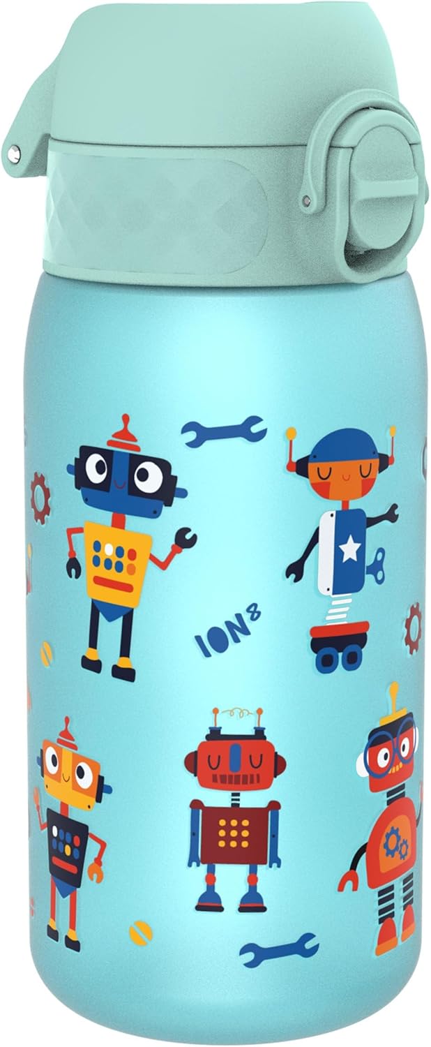 Ion8 Leak Proof Kids Water Bottle, Robots, 350ml (12oz), Leak Proof, Easy to Open, Secure Lock, Dishwasher Safe, BPA Free, Carry Handle, Hygienic Flip Cover, Easy Clean, Odour Free, Carbon Neutral