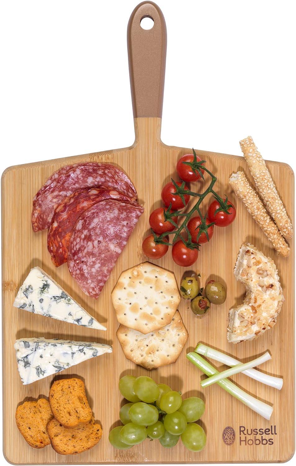 Russell Hobbs Opulence 40 cm Chopping Board - Bamboo Serving Board with Gold Handle, Strong and Durable Pizza Board, Charcuterie Board for Platters, Meats, Fruit, Cheese, and Crackers