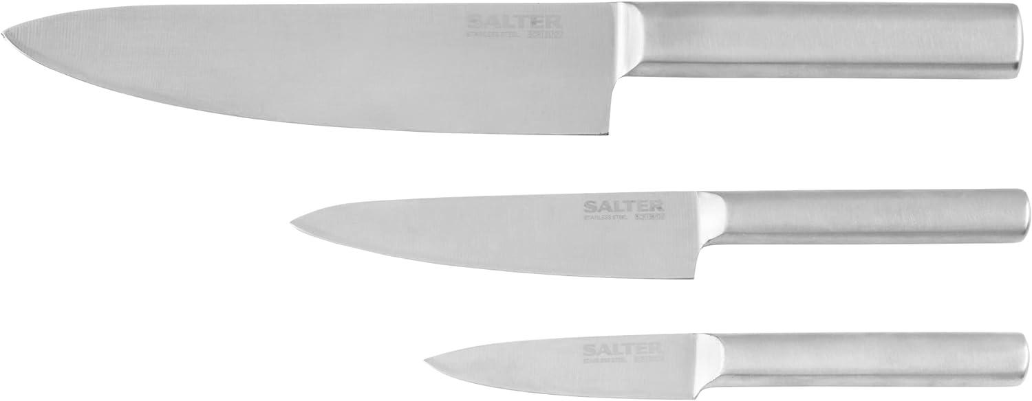 Salter Set of 3 Professional Kitchen Knives- Stainless Steel Chopping Knives, Includes Carving, Santoku & Paring Knife, Ideal for Slicing, Mincing, & Precision Work, Contemporary Design