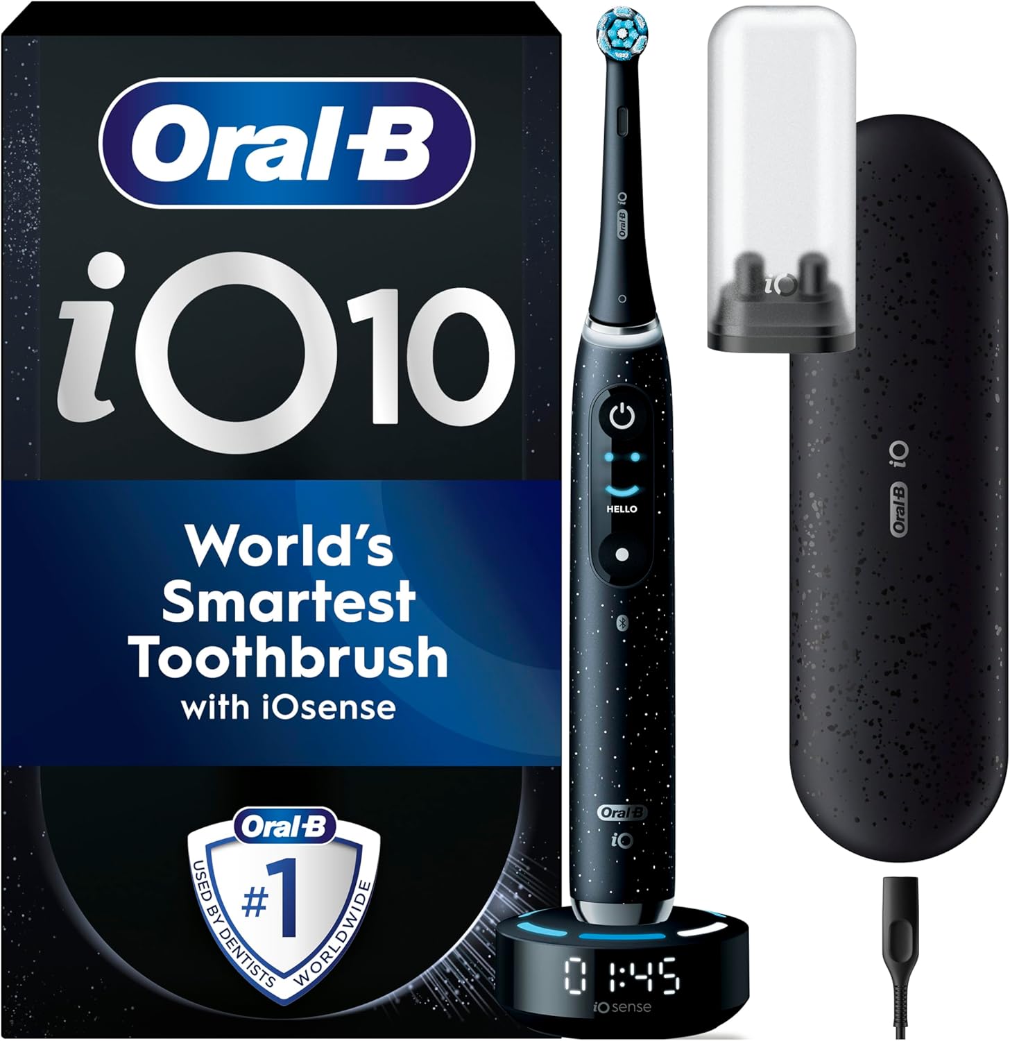 Oral-B iO10 Electric Toothbrushes Adults, Gifts For Women / Men, 1 Handle, 1 Toothbrush Head and Charging Travel Case, 7 Modes, Sense Smart Charger, 2 Pin Plug, Cosmic Black, Oral B IO Toothbrush