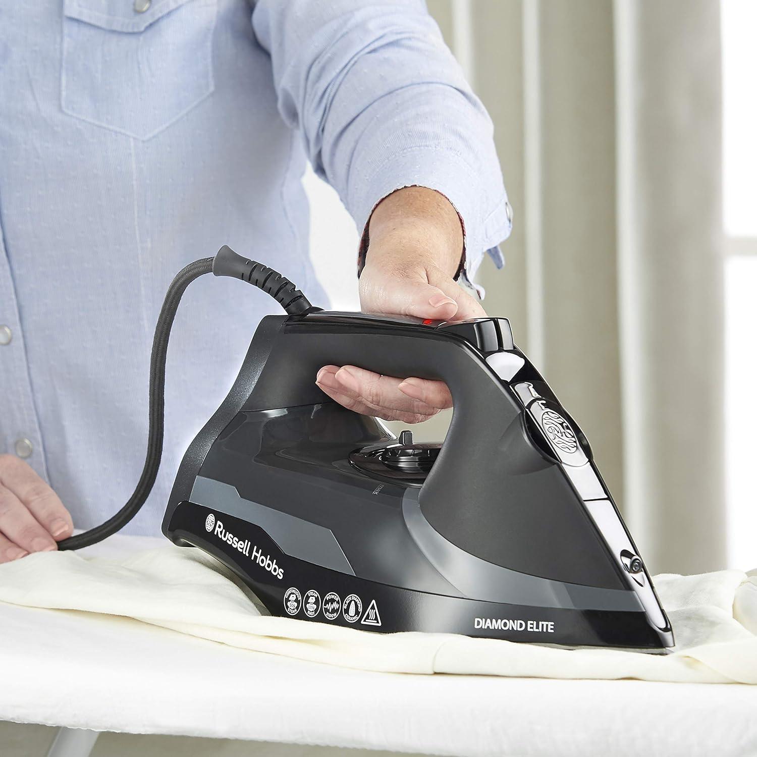 Russell Hobbs Diamond Elite Steam Iron, Black Diamond soleplate, 220g Steam Shot, 50g Continuous steam, 350ml Water Tank, Anti-calc & Anti-drip function, Vertical Steam, 3m Cord, 3100W