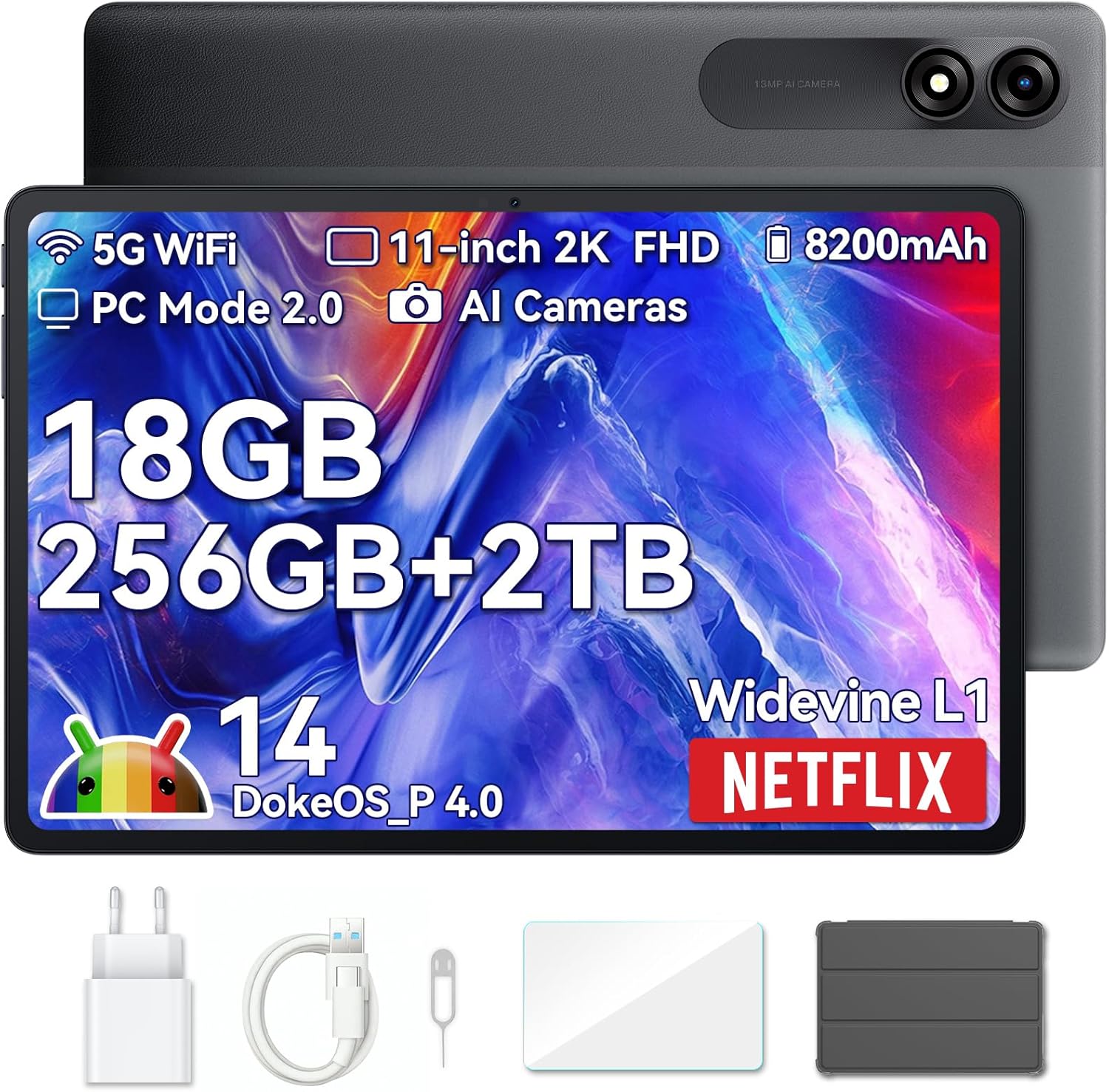 Blackview Tab 9, 6GB + 256GB, WiFi, 11 Inch Tablet Android 14 Tablet, 2K INCELL Screen, 12H Gaming & Gemini AI, Unisoc T606 Octa-Core|Widevine L1, 13MP +8MP, Free Case