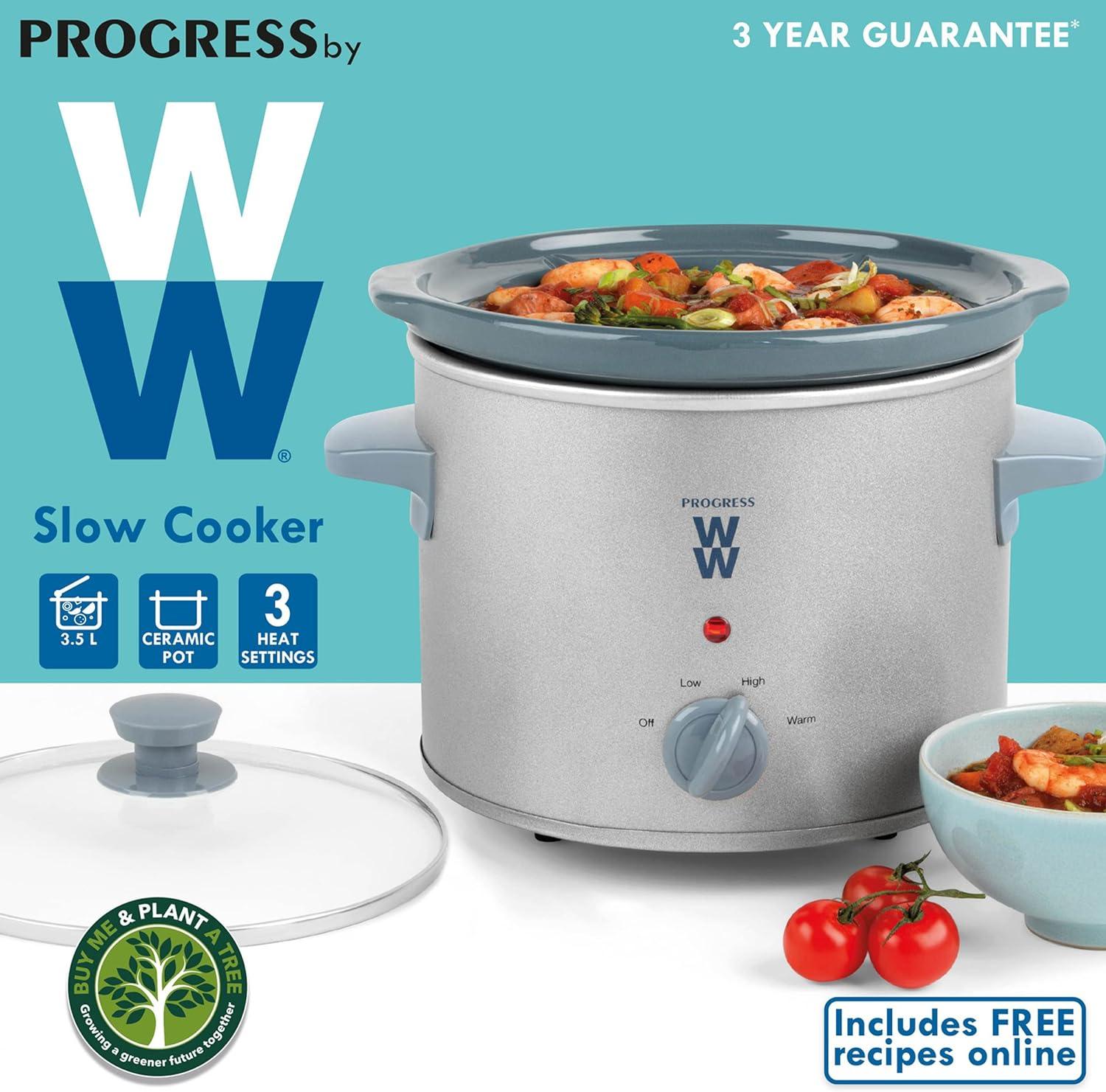 Progress by WW 3.5 L Slow Cooker, Casseroles, Curry, Baked Oats, Removable Ceramic Cooking Pot, Adjustable Temp Control, 3 Heat Settings, Cool Touch Handles, Tempered Glass Lid, Power Lights