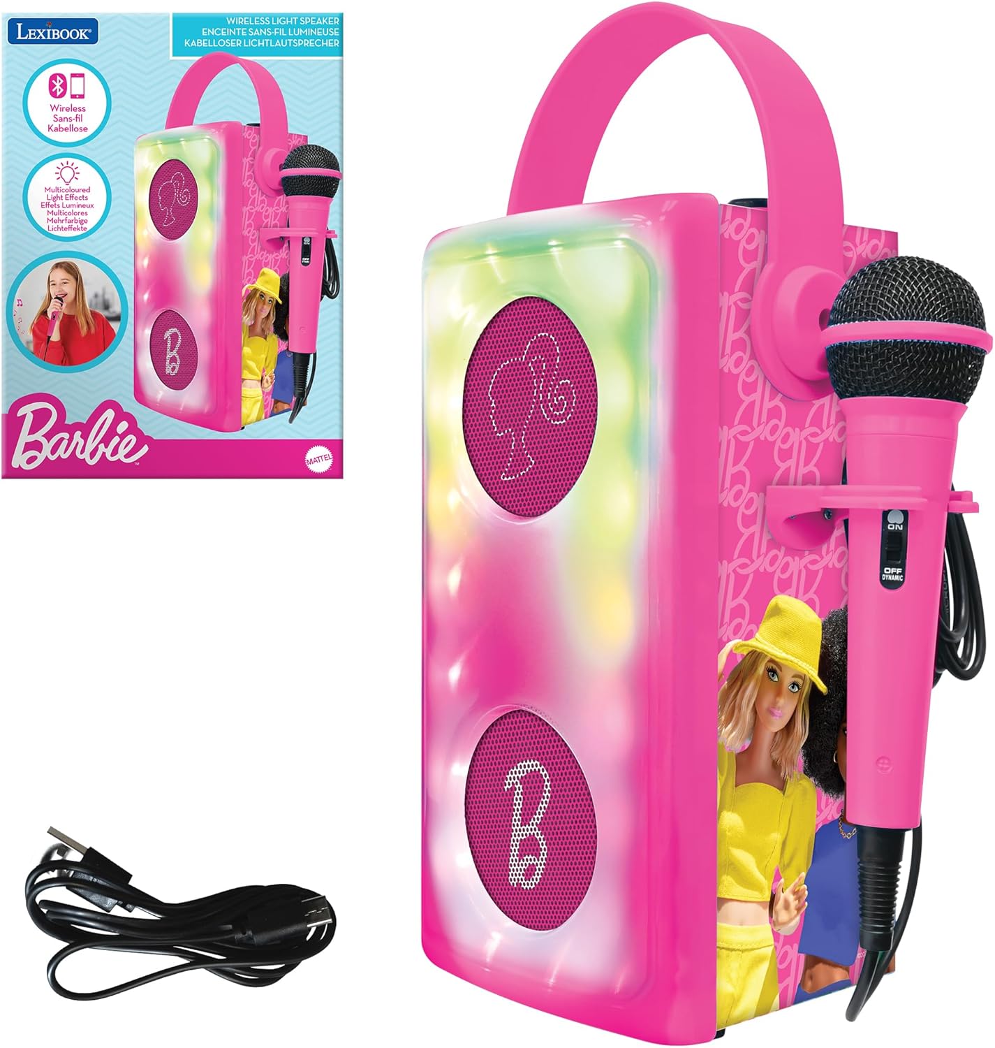 LEXIBOOK, Barbie, Wireless Bluetooth® Speaker with Microphone, Multicolor Light Effects, SD/TF Card Slot, Rechargeable Battery, Pink
