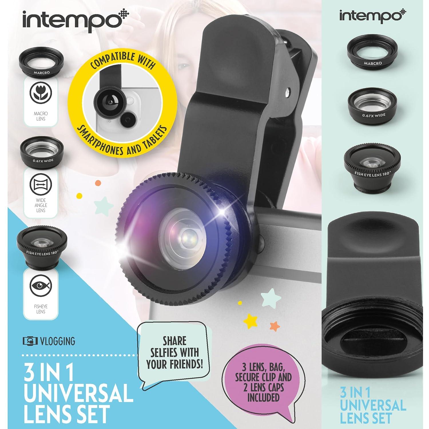 Intempo 3-in-1 Camera Lens Set – Universal Lens Attachments, Includes Macro Lens, Wide Angle Lens and Fisheye Lens, 2 Lens Caps and Storage Bag, Clip onto Most Smartphones & Tablets