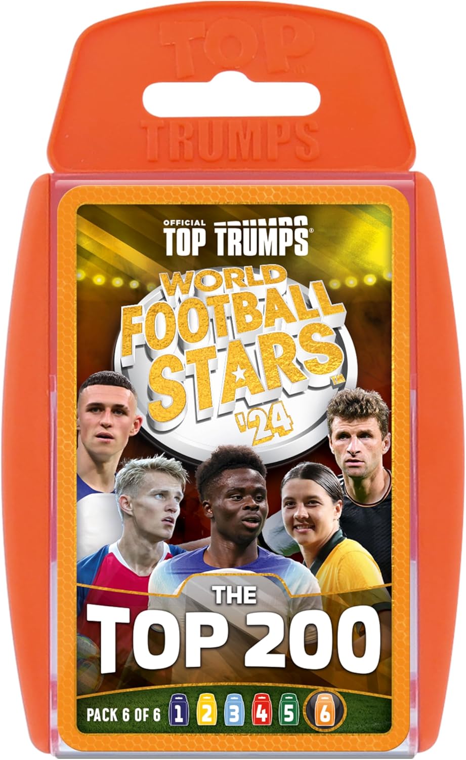 Top Trumps World Football Stars Top 200 Card Game Pack 6, Virgil Van Dijk, Thomas Muller, Saka and Odegaard