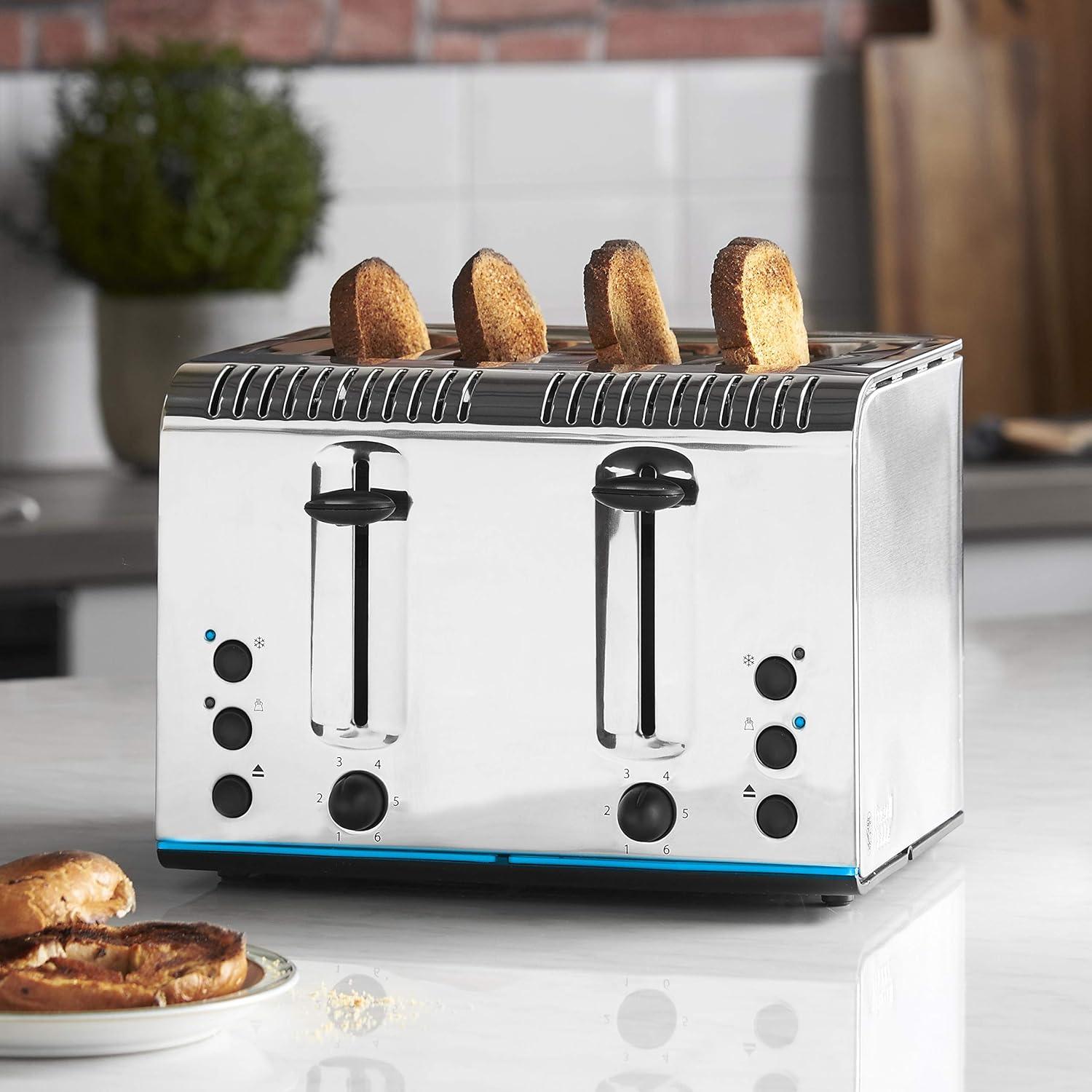 Russell Hobbs 4 Slice Buckingham Toaster with Fast toast technology - (Blue light strip indicates toasting, Independent & Extra wide slots, 2400W, Polished & Brushed Stainless Steel)