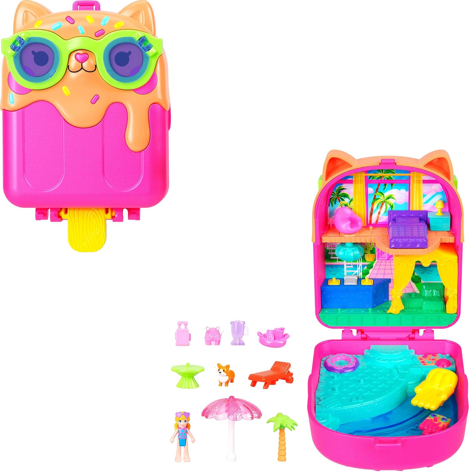 Polly Pocket Dolls and Playset, Kitty Popsicle Resort Compact, Travel Toy with 1 Micro Doll, Pet Puppy & Themed Accessories