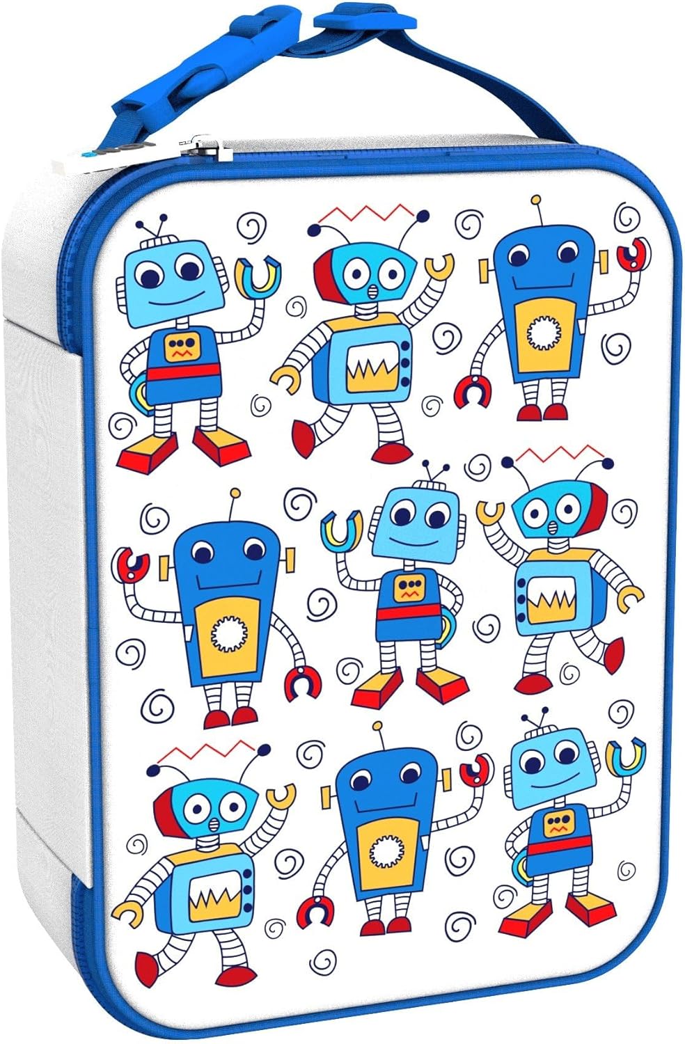 Ion8 Lunch Bag, Insulated, Robots, Medium, Easy Access 3-Sided Zip, Write-On Name Patch, Freshness & Insulation for 6 Hours, Elasticated Mesh Pocket for Bottles, Machine Washable, Polyester Material