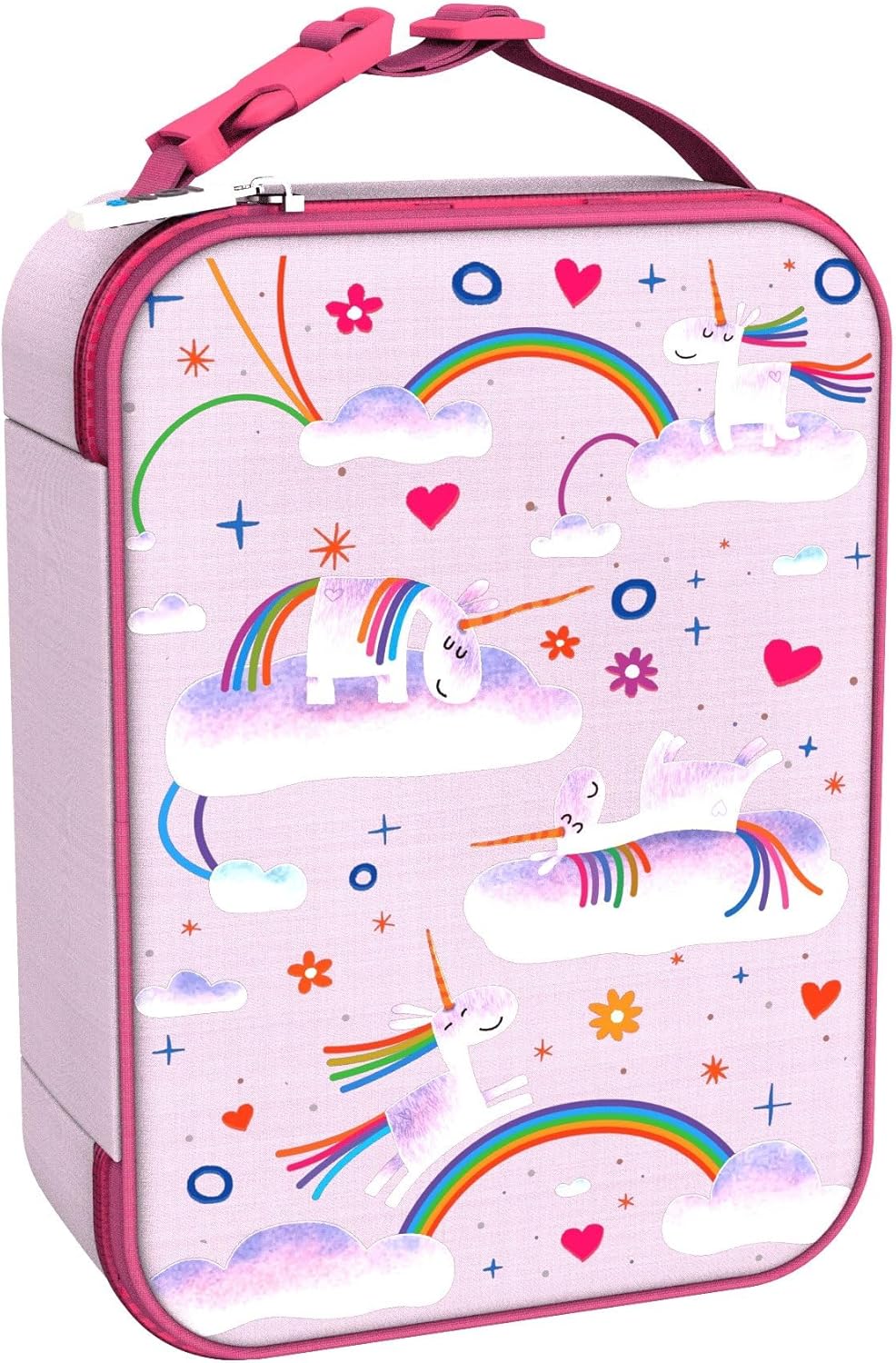 Ion8 Lunch Bag, Insulated, Unicorn Rainbows, Medium, Easy Access 3-Sided Zip, Write-On Name Patch, Freshness & Insulation for 6 Hours, Elasticated Mesh Pocket for Bottles, Machine Washable, Polyester Material