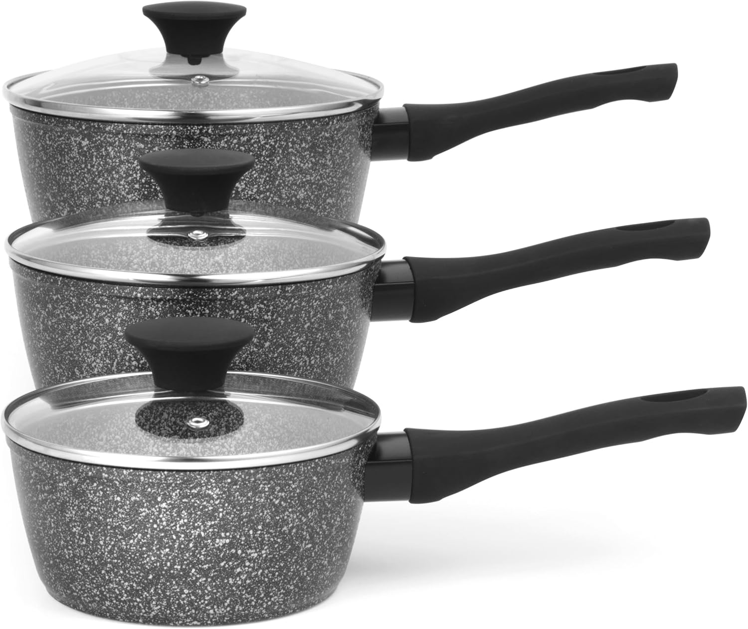 Salter Megastone 3-Piece Pan Set - Non-Stick Cooking Pots, Induction Hob Suitable, 16/18/20 cm Saucepans, Durable Forged Aluminium Cookware, Includes Tempered Glass Lids, Dishwasher Safe