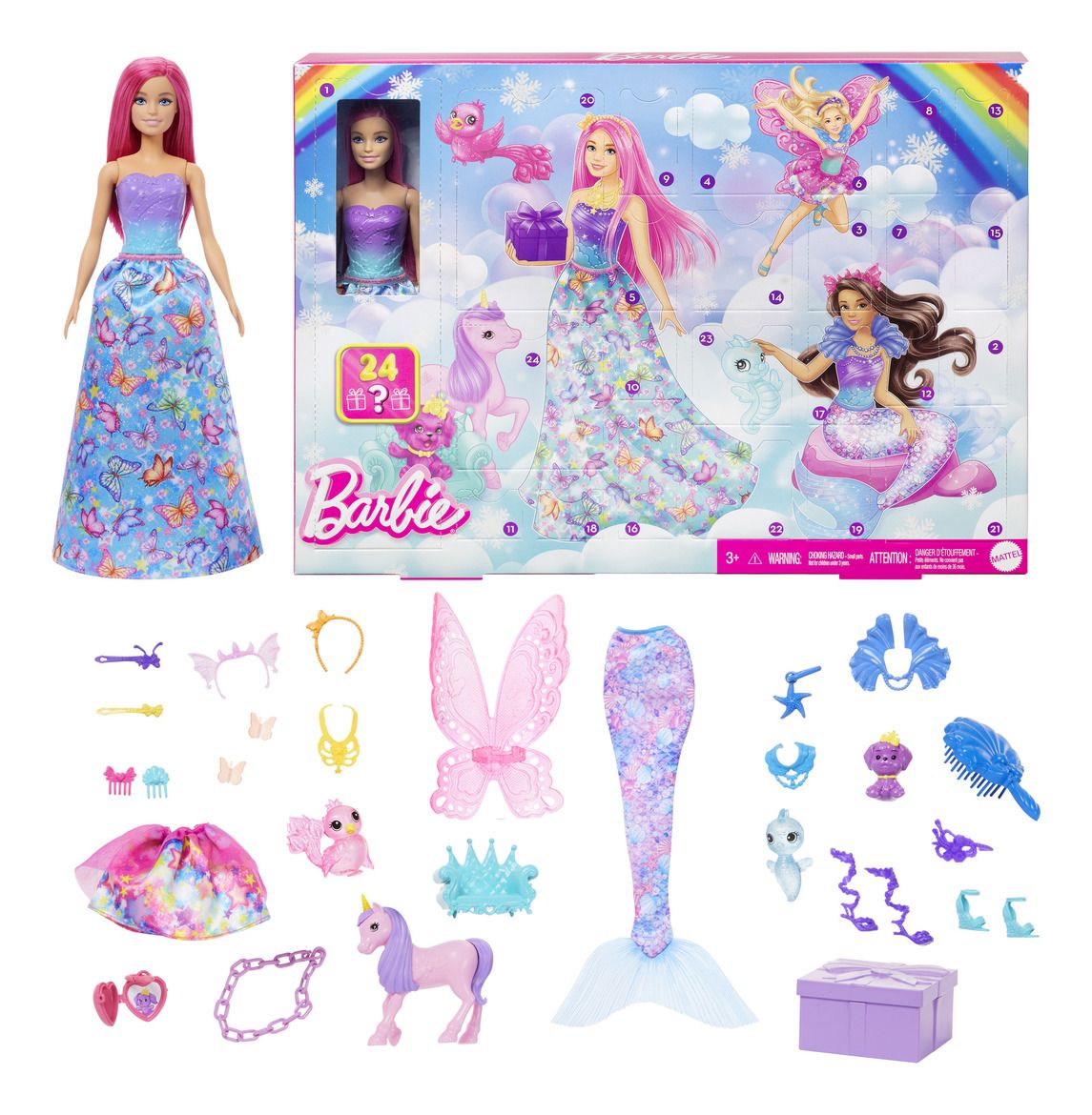 Barbie Advent Calendar with Doll & 24 Surprise Accessories Including Unicorn & 3 Pets, Transform Pink-Haired Fashion Doll into Mermaid, Fairy & More