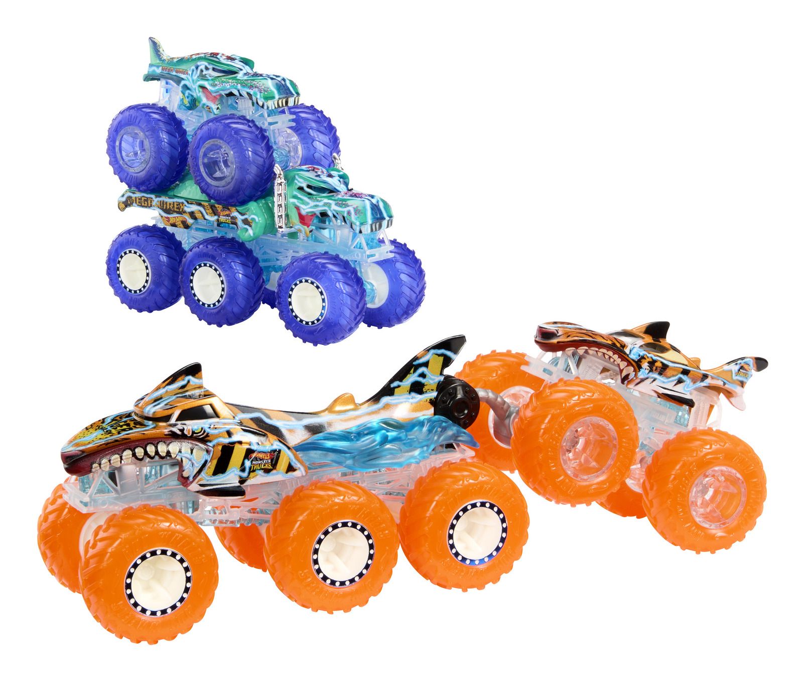 Hot Wheels Monster Trucks Toy Truck & Big Rig Multipack, 1:64 Scale Mega-Wrex & Tiger Shark with Big Rigs in Matching Power Smashers Deco