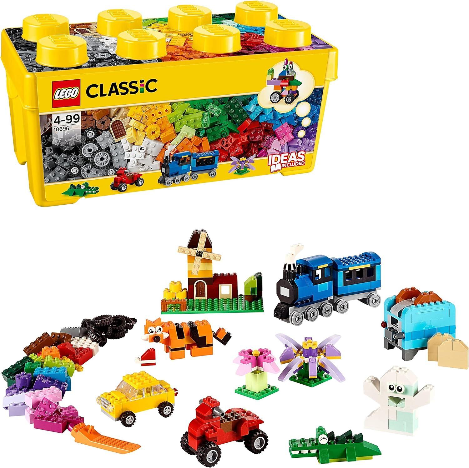 LEGO Classic Medium Creative Brick Box, Easy Toy Storage, Colourful Bricks Building Set with Wheels, Windows, Eyes and a Green Base Plate