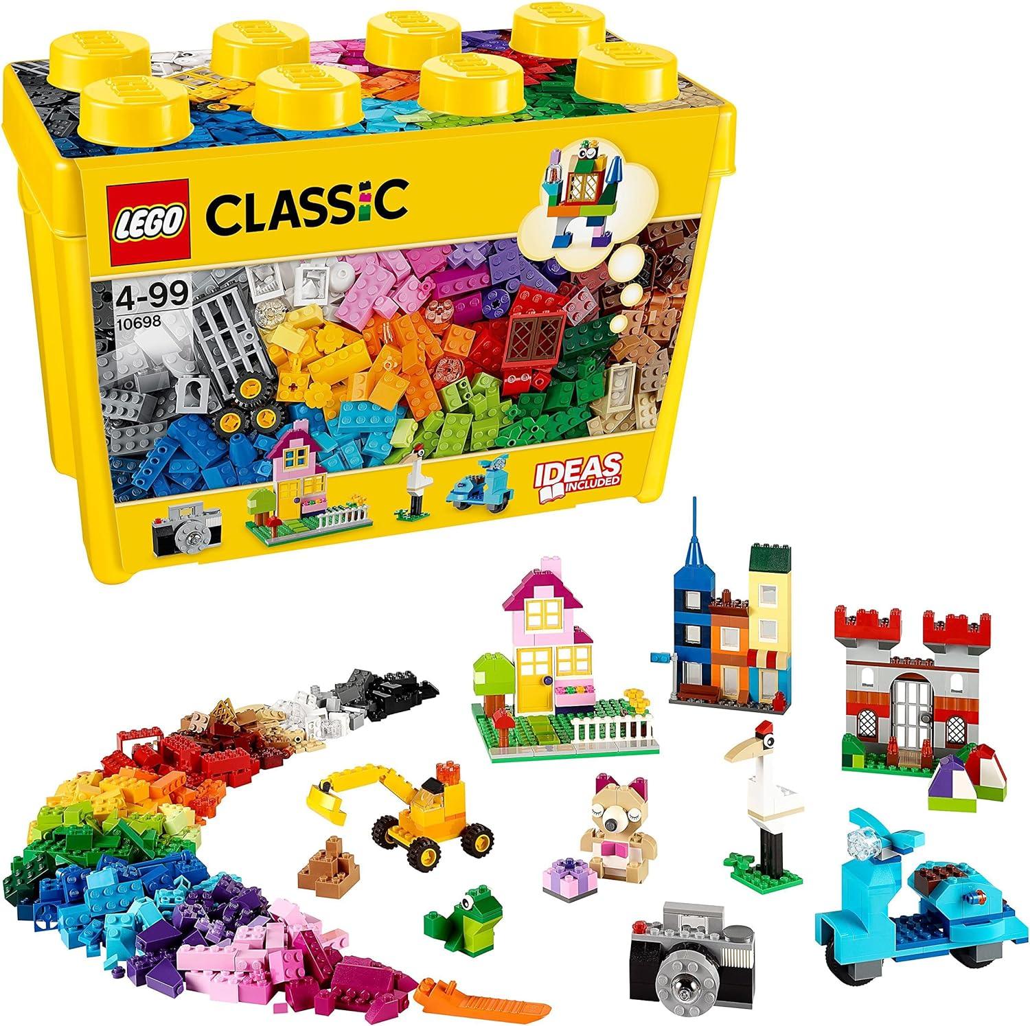 LEGO Classic Large Creative Brick Storage Box Set, Construction Toy with Windows, Doors, Wheels and Green Baseplate