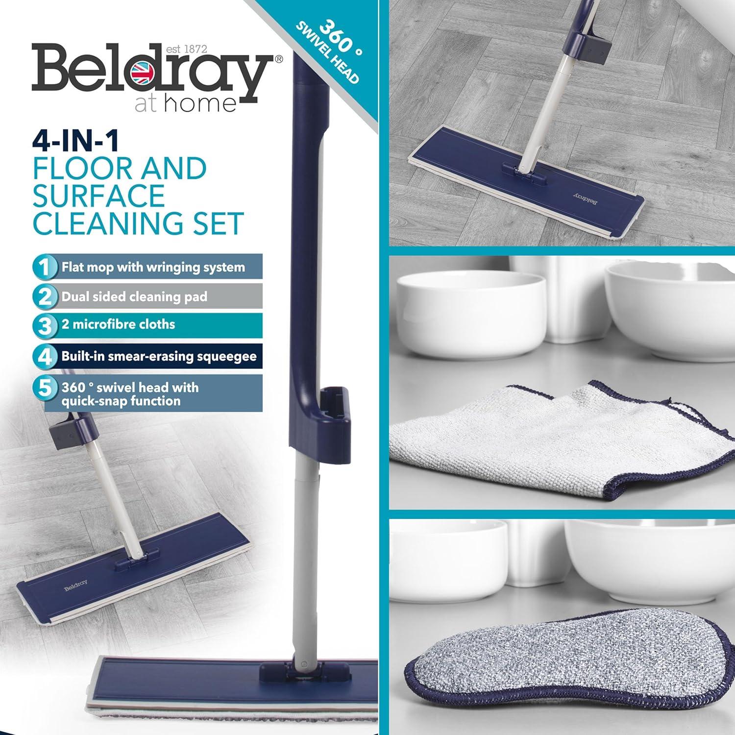 Beldray Deep Clean 4 in 1 Floor and Surface Cleaning Set – Includes Flat Mop with Built-In Wringing System, Dual-Sided Cleaning Pad for Scrubbing & Polishing and 2 Microfibre Cloths