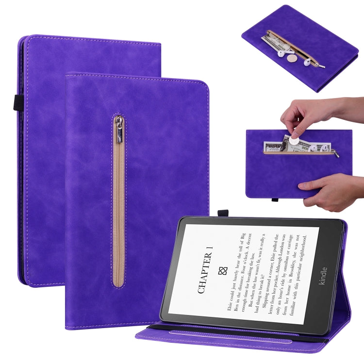 Amazon Kindle Paperwhite 5 2021 Skin Feel Solid Color Zipper Smart Leather Tablet Case Cover (Purple)