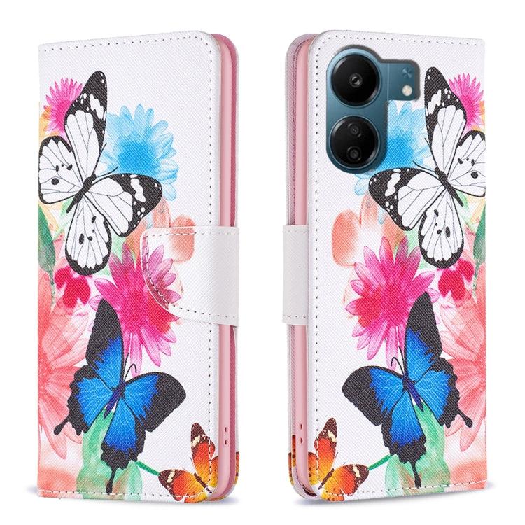 Xiaomi Redmi 13C Colored Drawing Pattern Leather Phone Case (Butterflies)